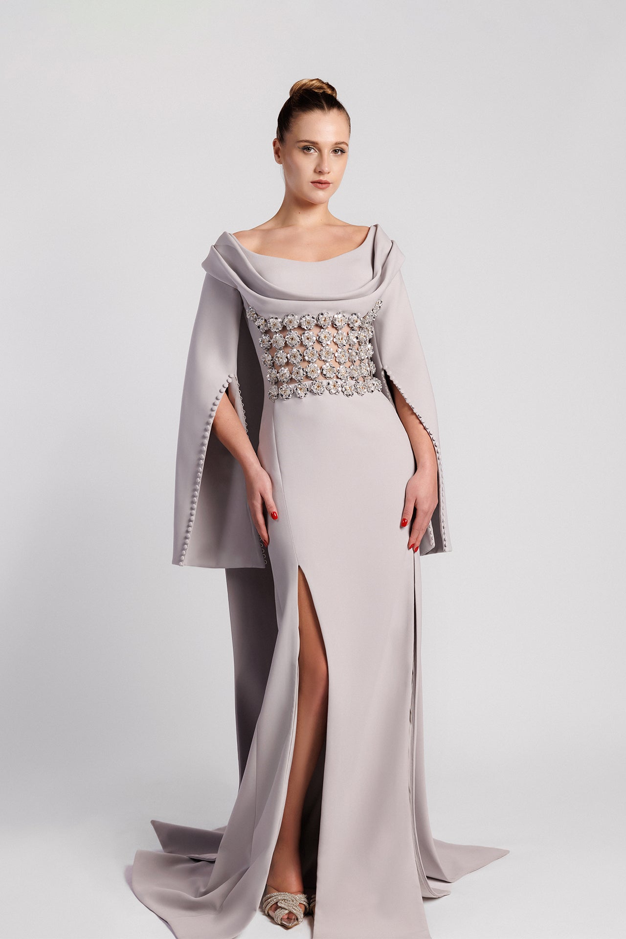 Off-the-Shoulder Evening Dress with Draped Bust and Embroidered Waist