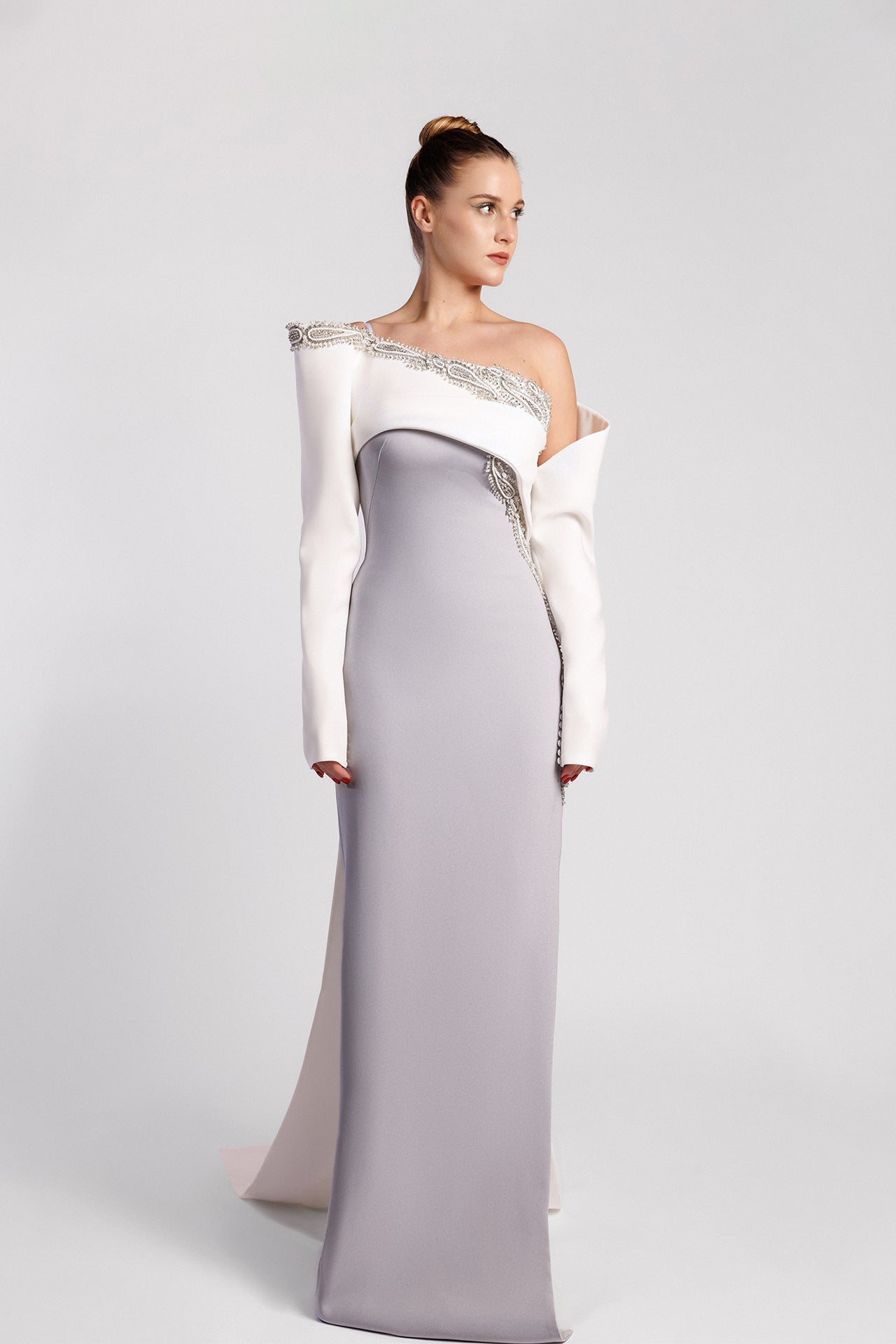 Off-the-Shoulder Evening  Dress with Asymmetric Neckline