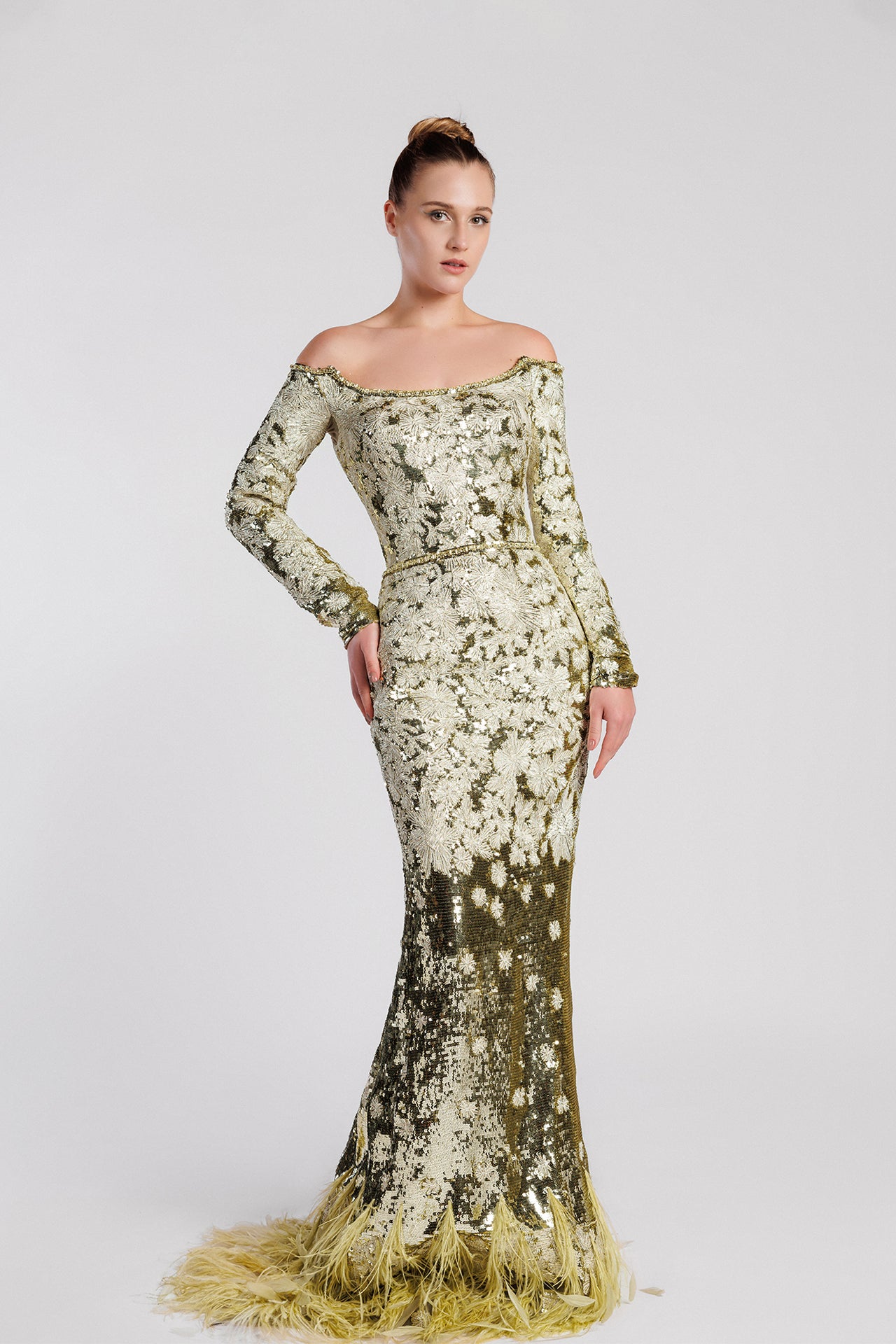 Embroidered Mermaid Evening Dress with Feathered Hem