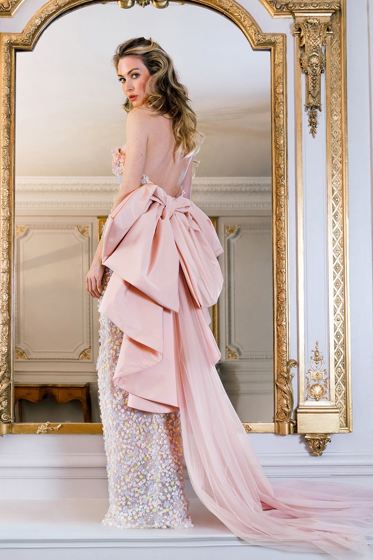 Strapless Embroidered Dress with Tulle Train