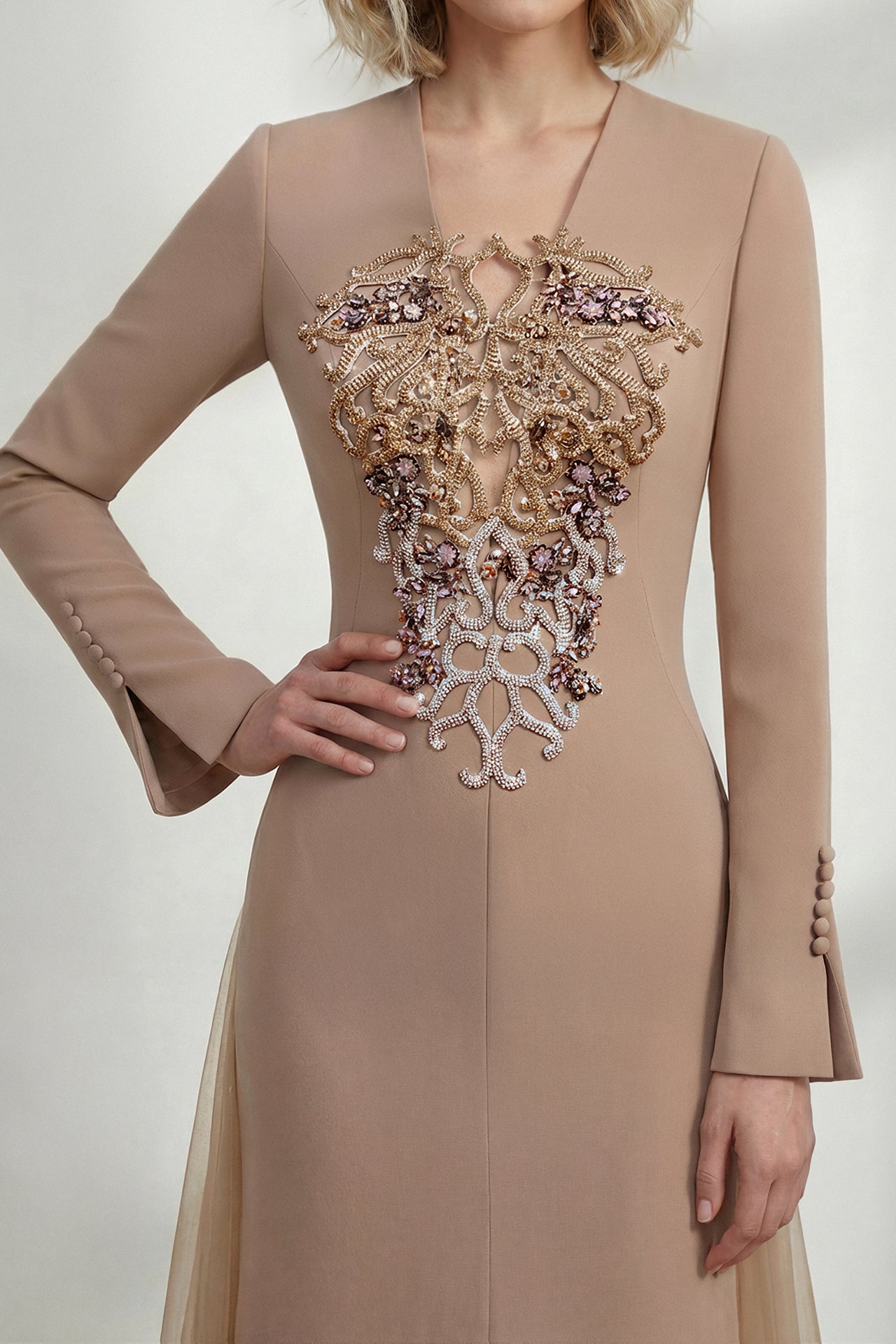 Embroidered Crepe Gown with Tulle Train