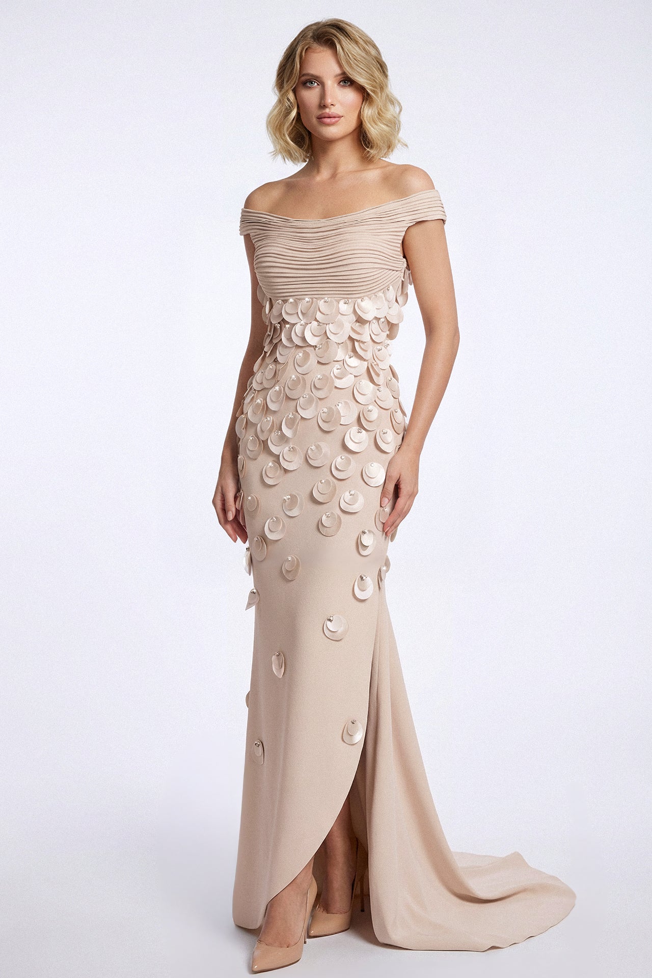 Off-Shoulder Crepe Gown with Disc Appliqués