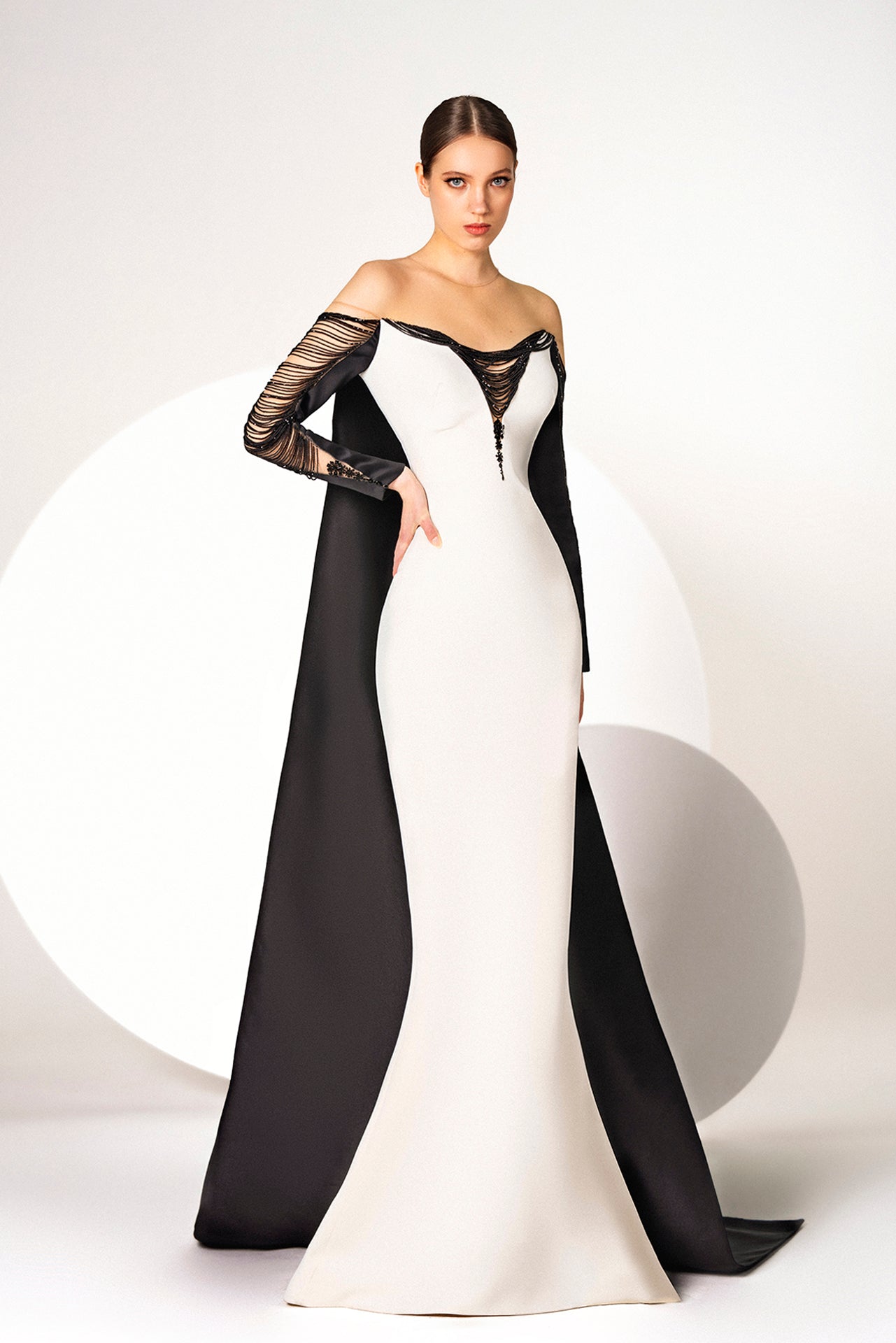 Off-Shoulder Black-and-White Mermaid Dress Cascading Fringes & Black Silenus on The Neckline and Sleeves