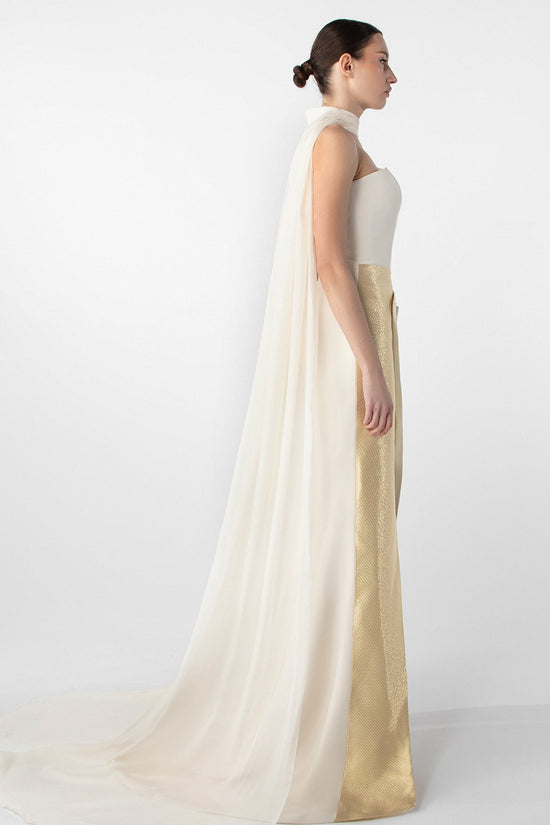 Asymmetrical Dress with Gold Accents and Chiffon Cape