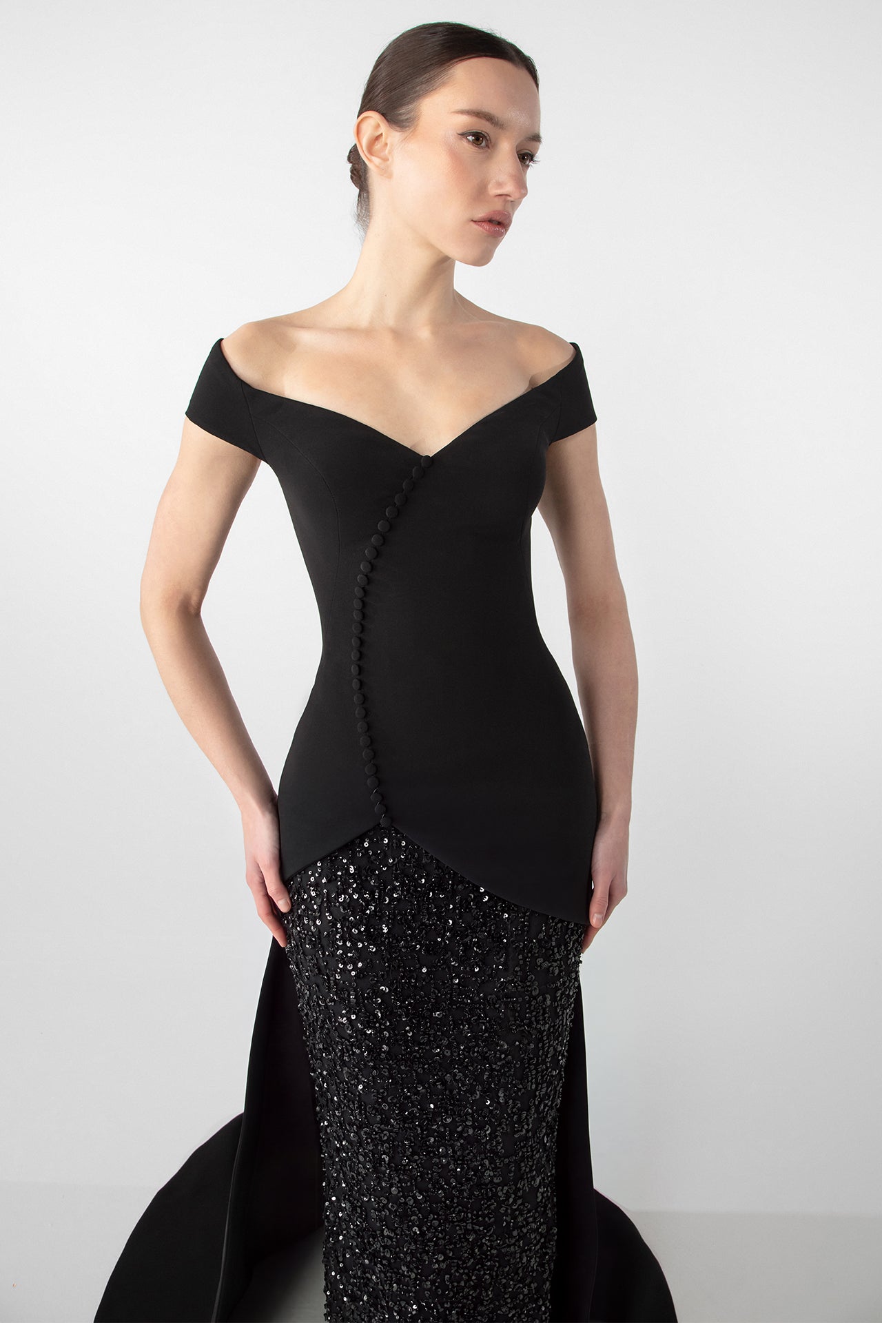 Off-Shoulder Gown with Embroidered Jet Stones