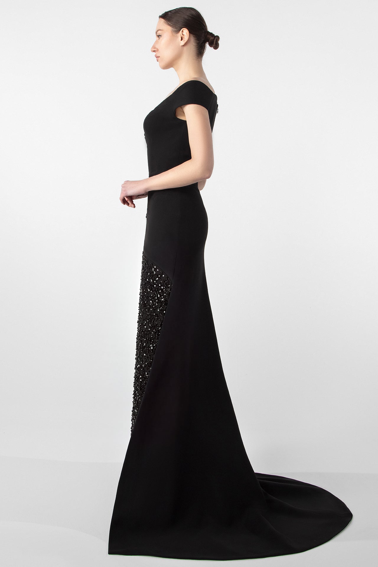 Off-Shoulder Gown with Embroidered Jet Stones
