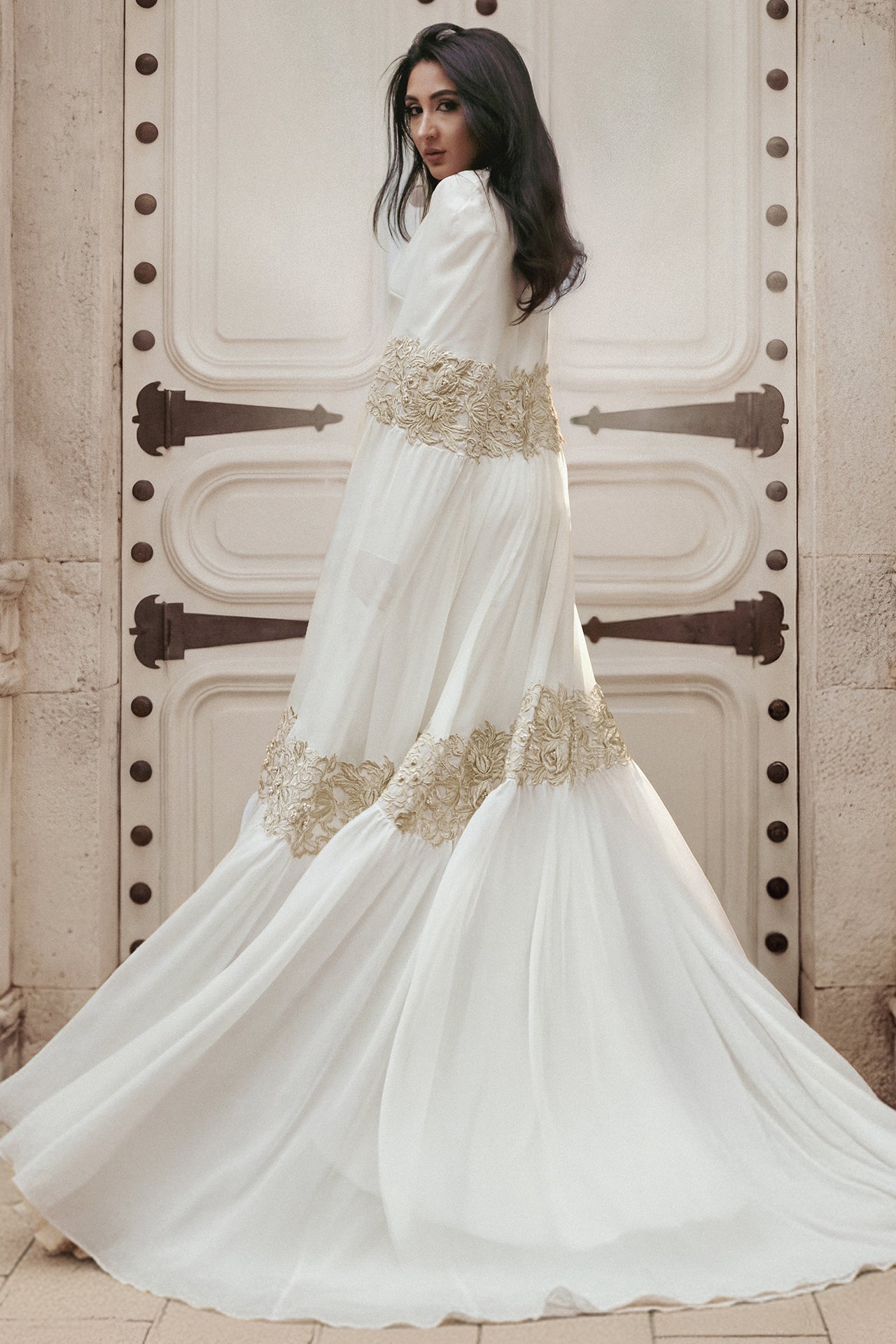 Crepe Kaftan with Gold Guipure Cape