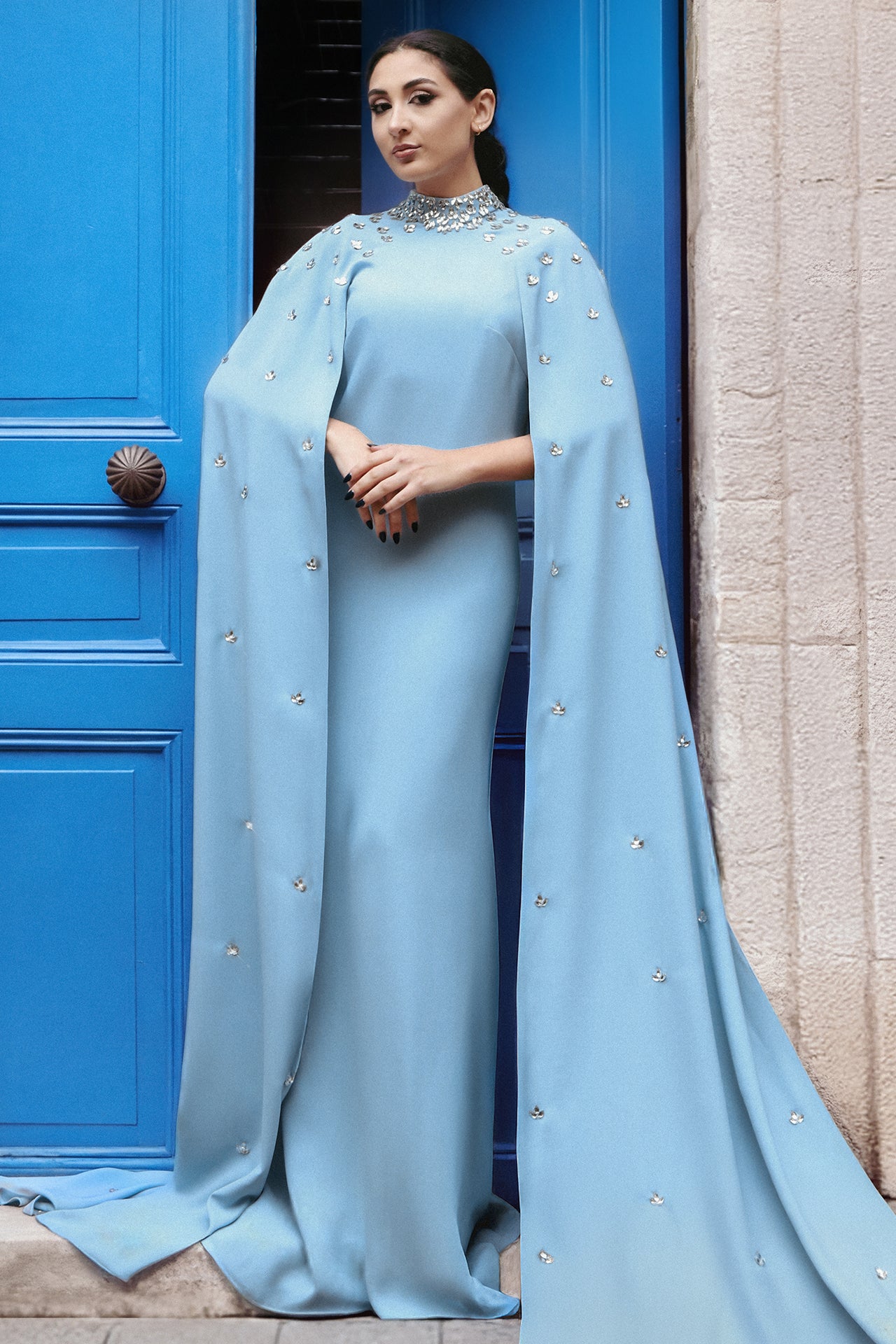 Crepe Kaftan Gown with Embellished Cape Sleeves