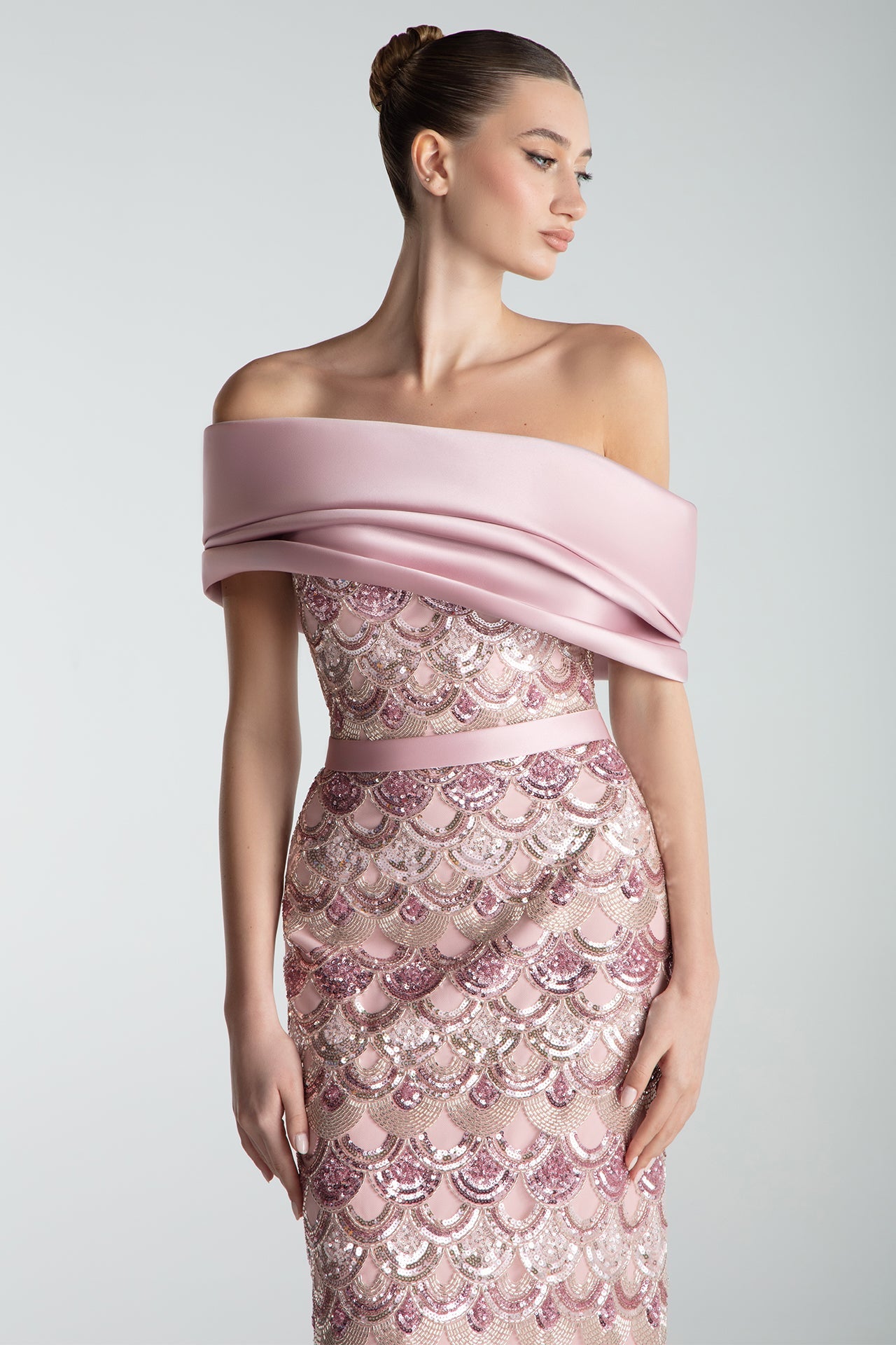 Off-Shoulder Embroidered Column Gown