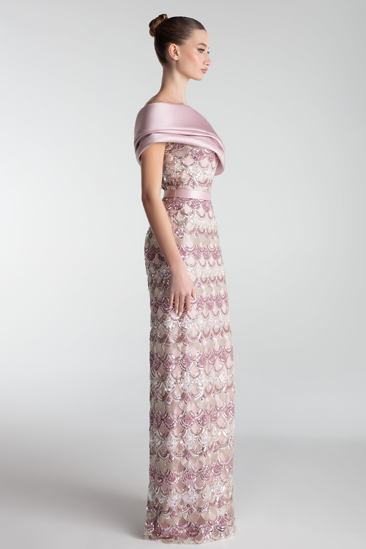 Off-Shoulder Embroidered Column Gown
