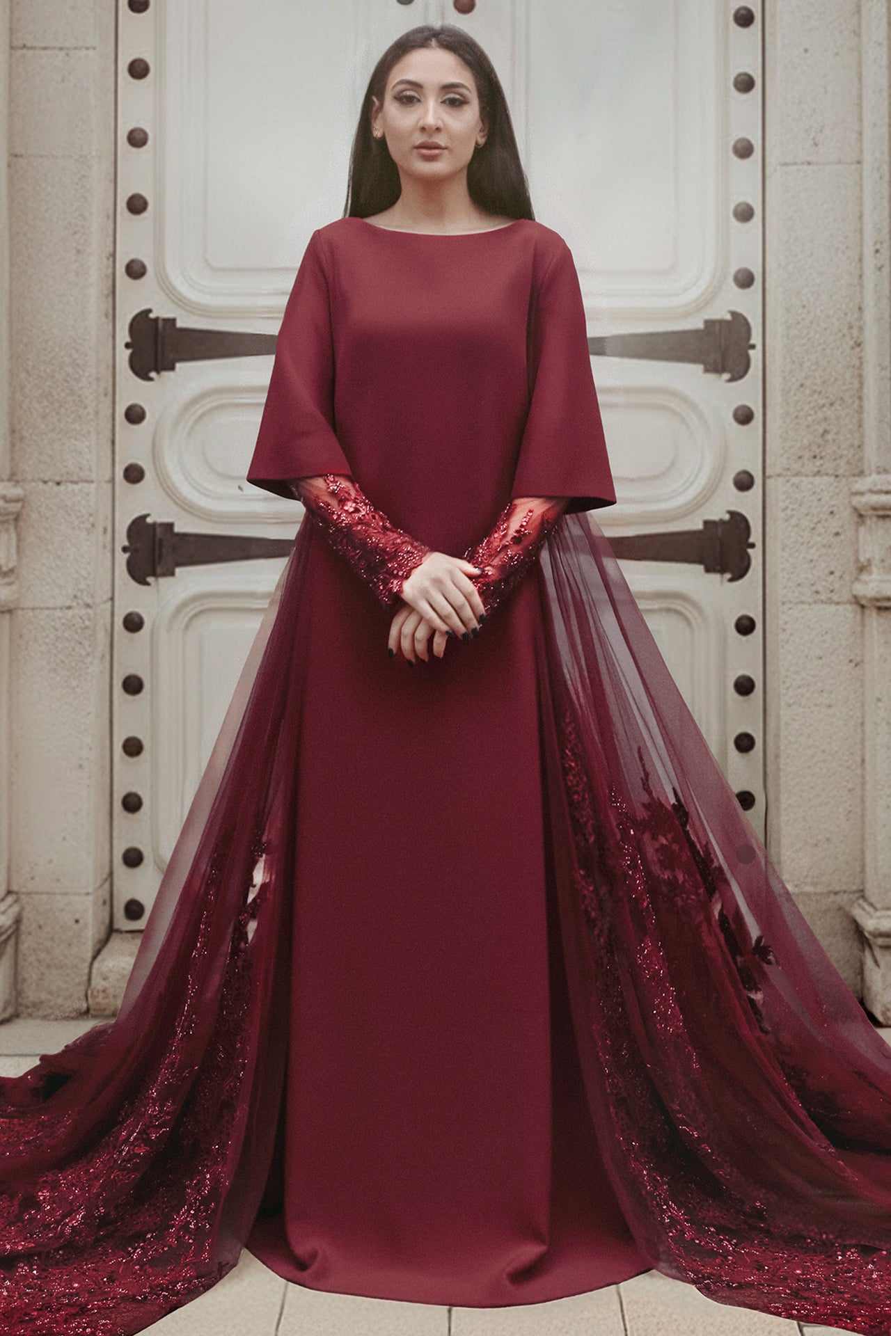 Embroidered Kaftan with Tulle Train