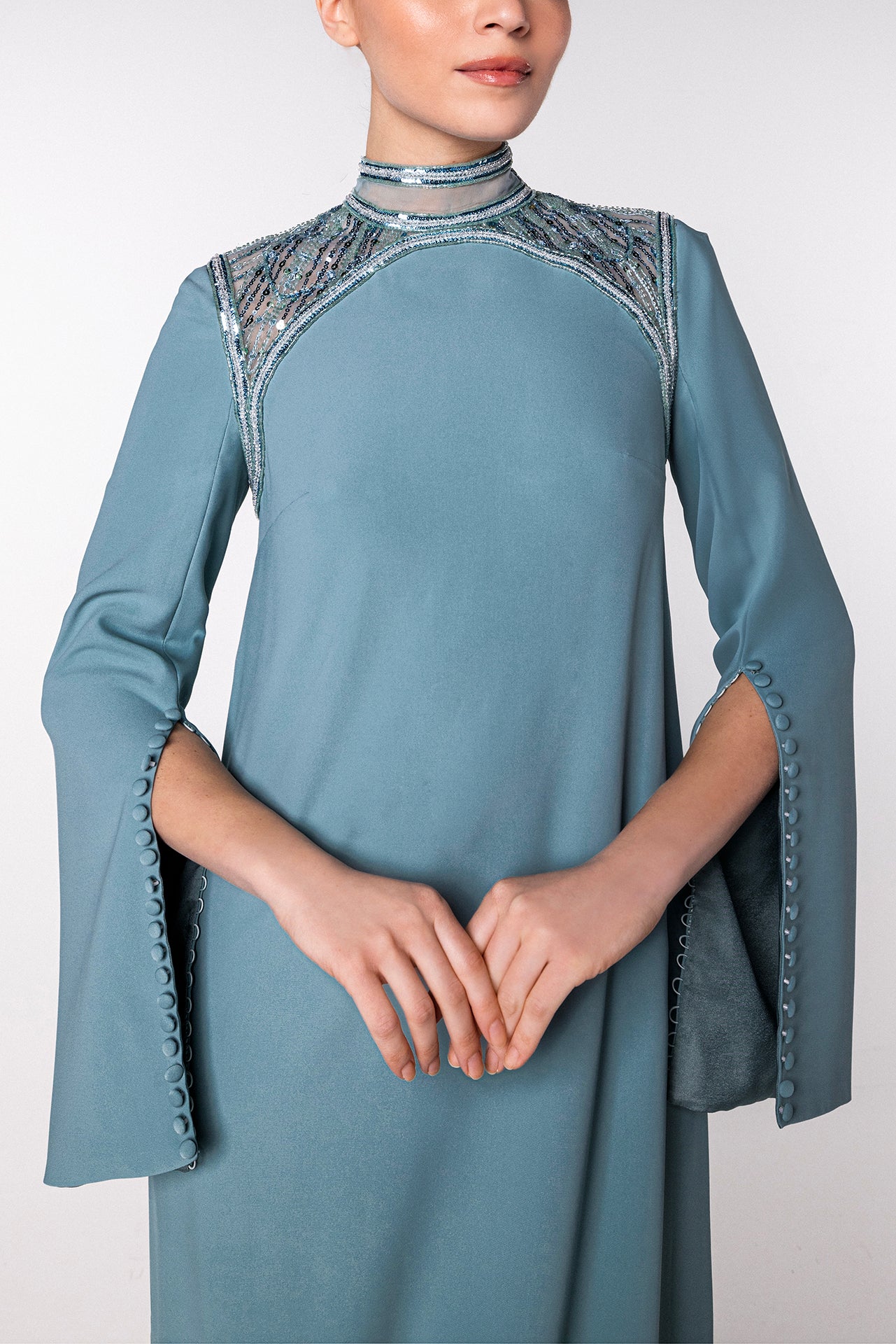 Embellished High-Neck Kaftan with Bell Sleeves