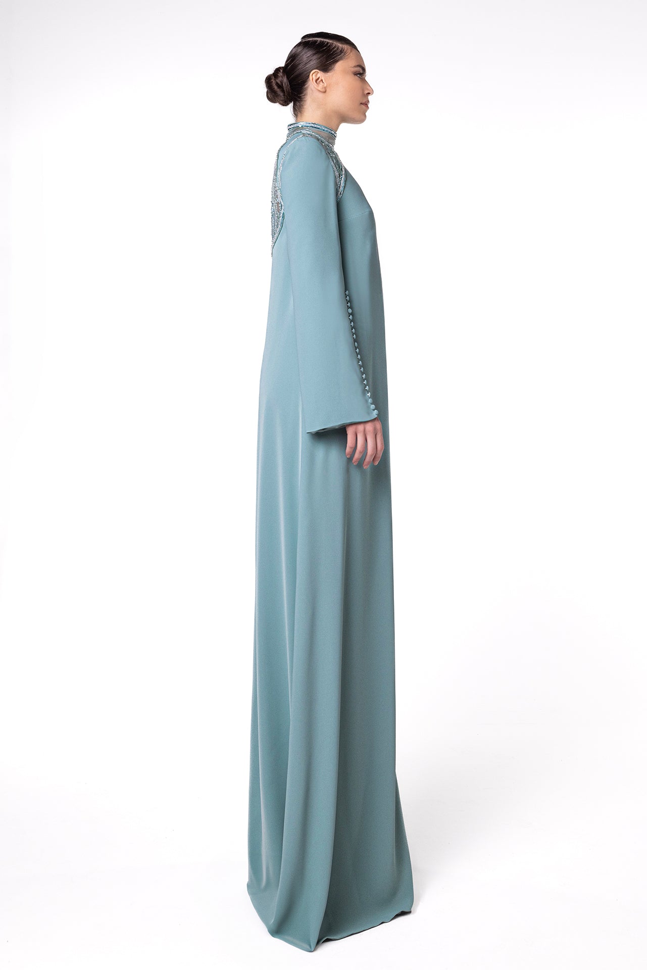 Embellished High-Neck Kaftan with Bell Sleeves