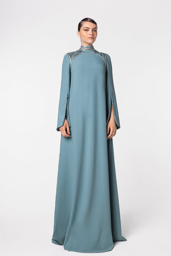 Embellished High-Neck Kaftan with Bell Sleeves