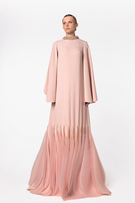 Kaftan with Embellished Neckline and Pleated Hem Detail