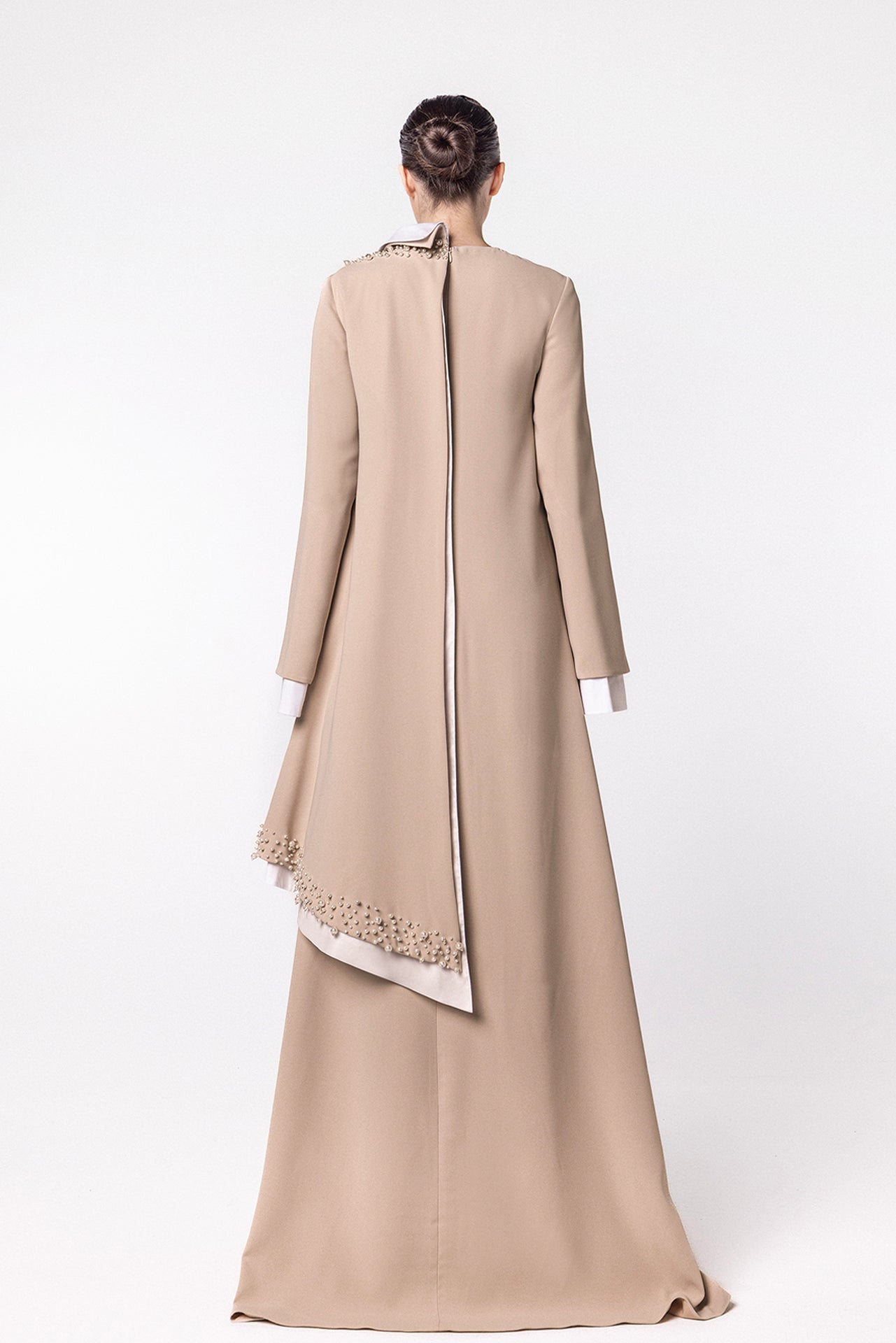 High-Neck Kaftan with Cape and Pearl Detailing