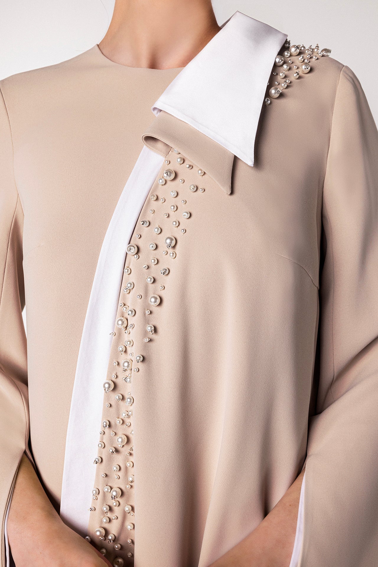High-Neck Kaftan with Cape and Pearl Detailing