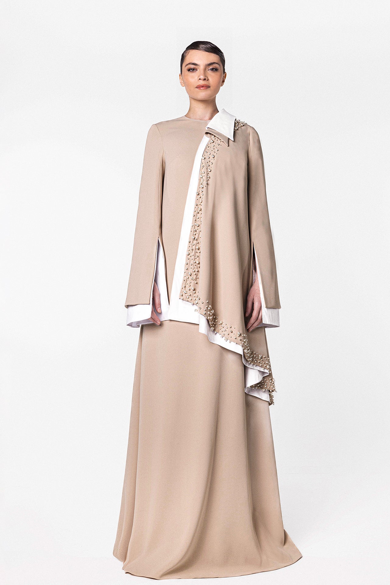 High-Neck Kaftan with Cape and Pearl Detailing