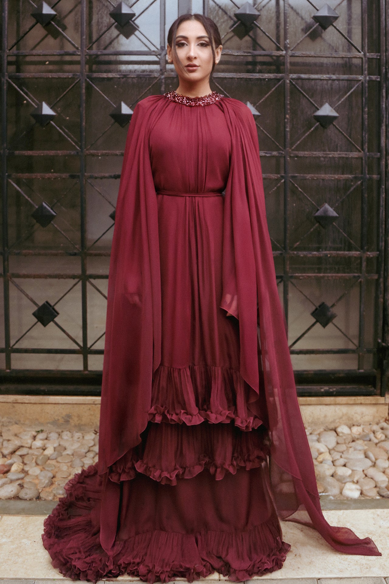 Beaded-Neck Chiffon Kaftan with Tiered Hem