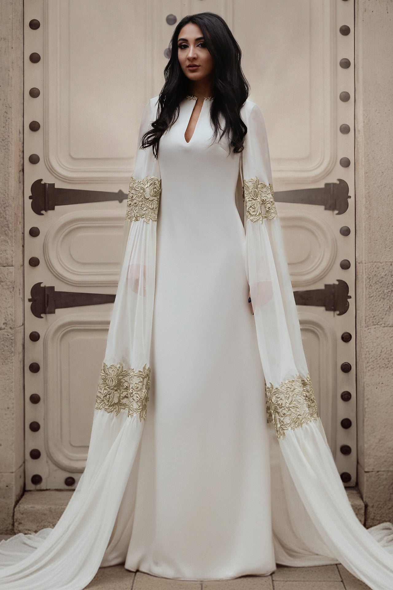 Crepe Kaftan with Gold Guipure Cape