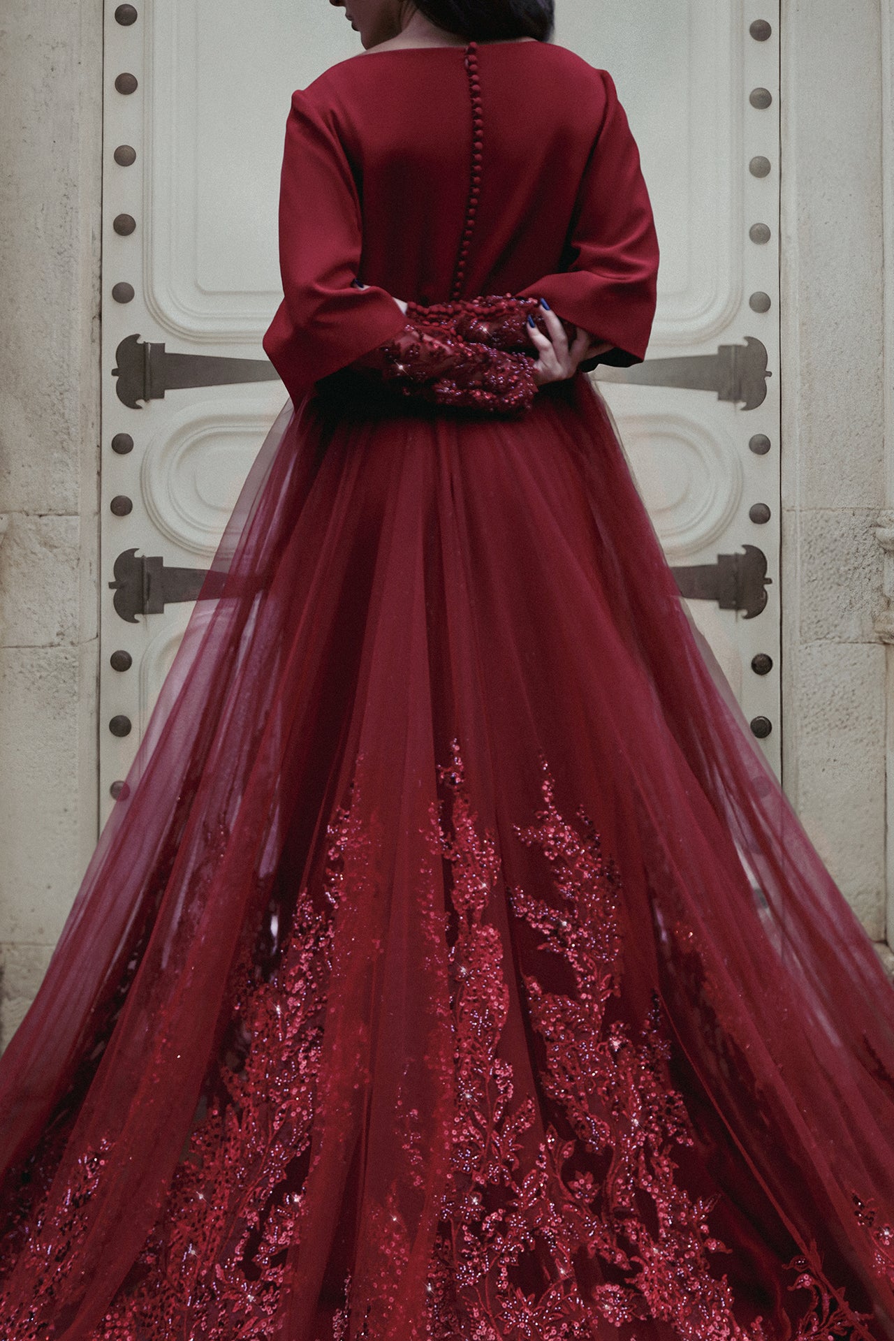 Embroidered Kaftan with Tulle Train