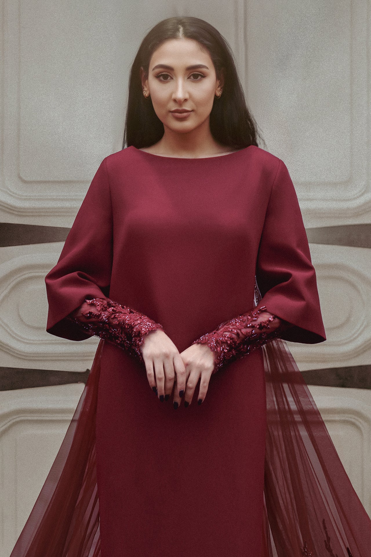 Embroidered Kaftan with Tulle Train