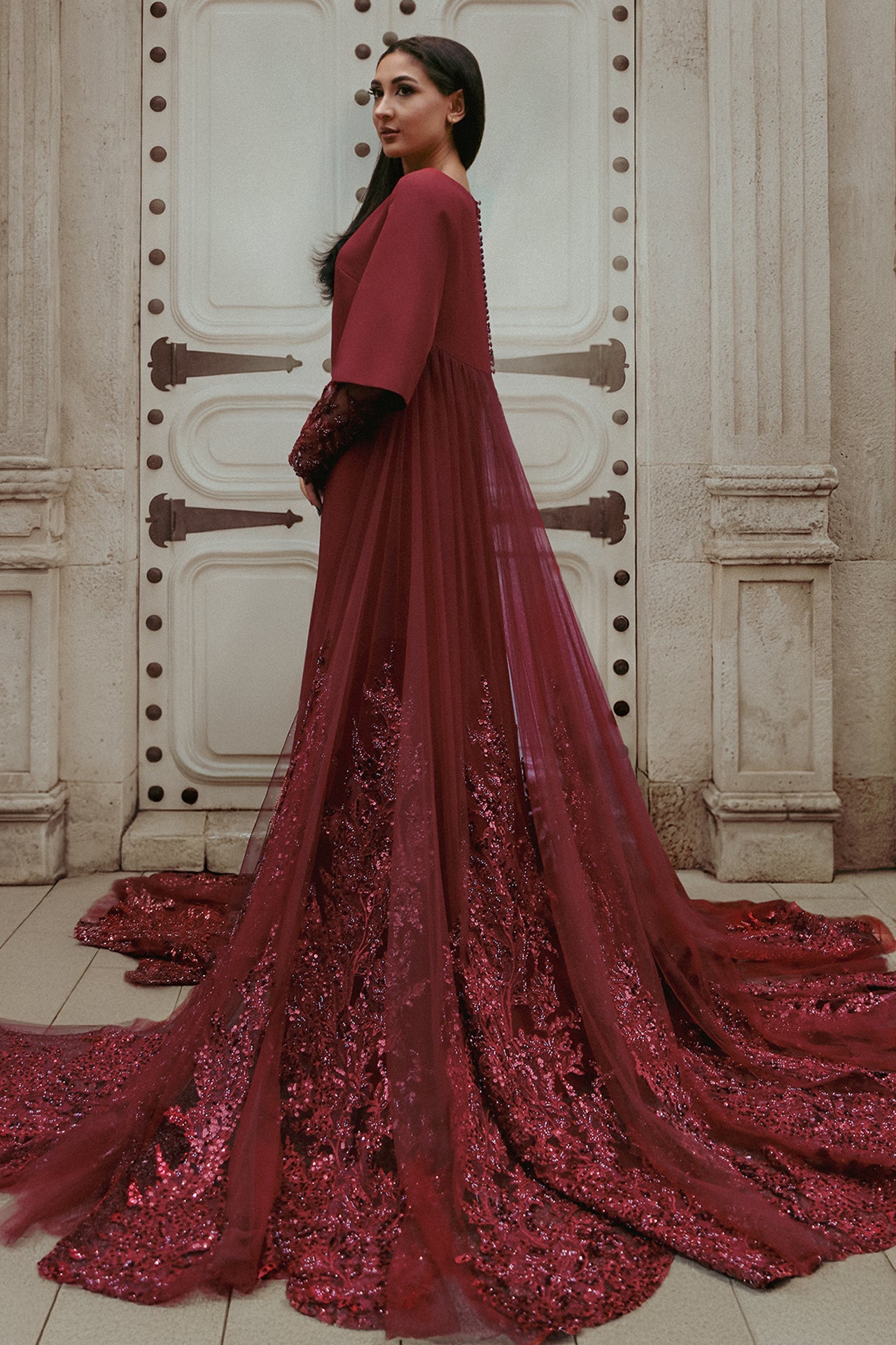 Embroidered Kaftan with Tulle Train