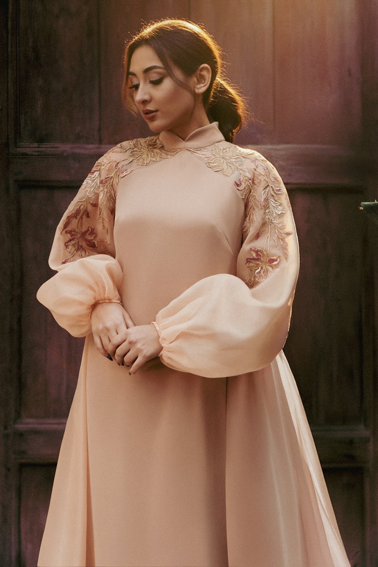 Crepe Kaftan with Organza Sleeves