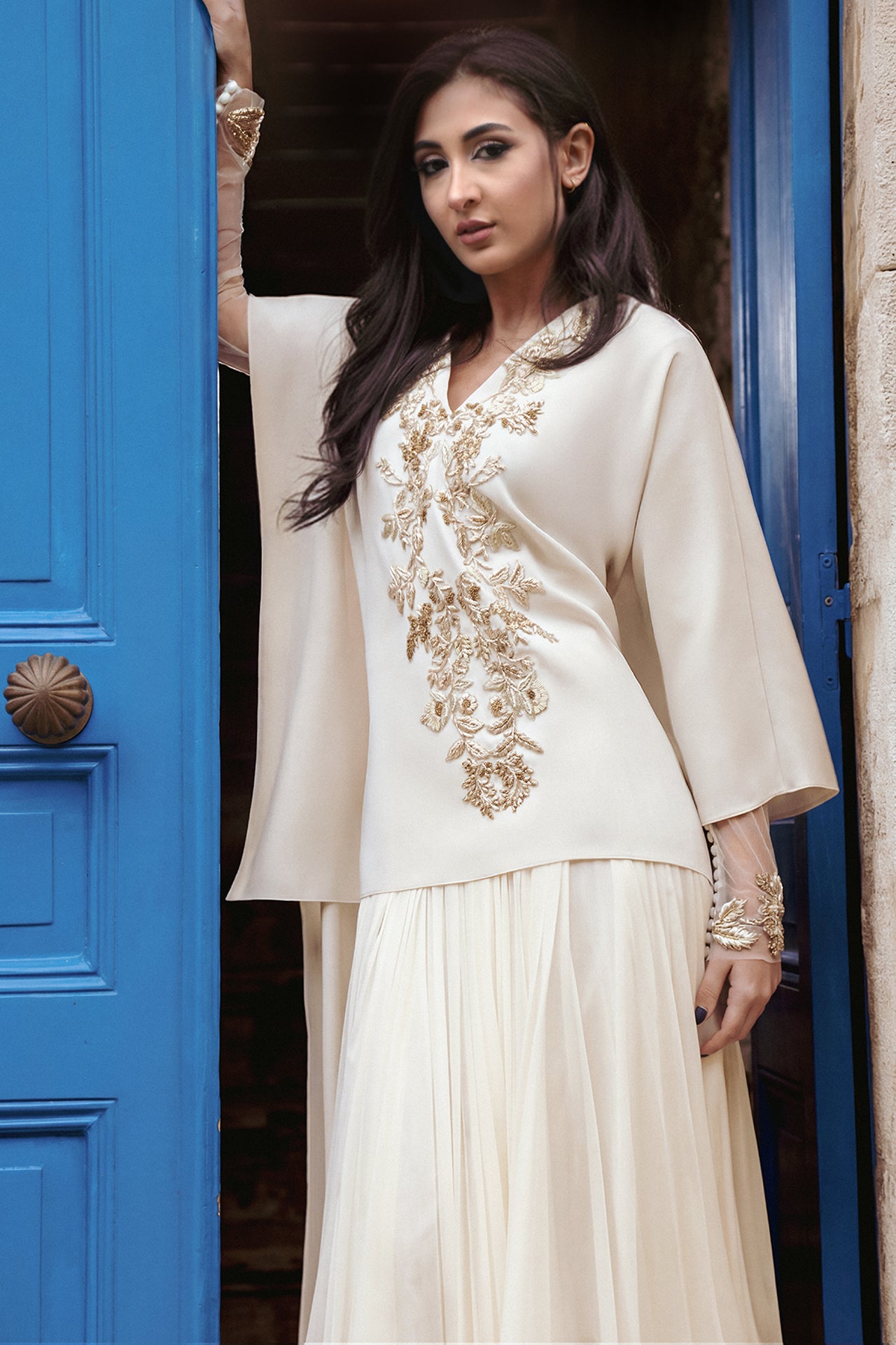 Embroidered Crepe Kaftan with Chiffon Skirt