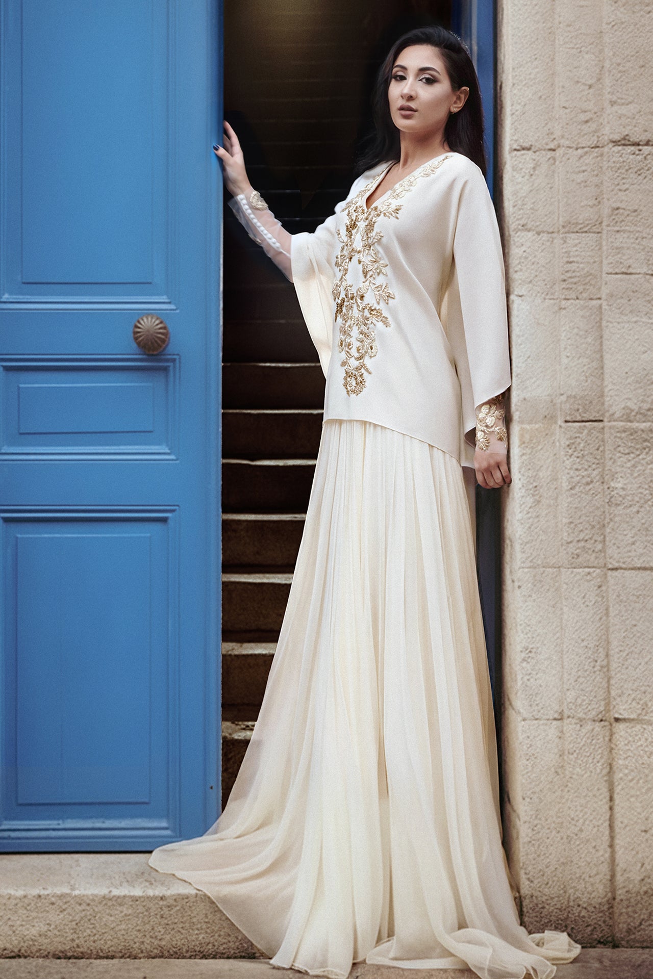 Embroidered Crepe Kaftan with Chiffon Skirt