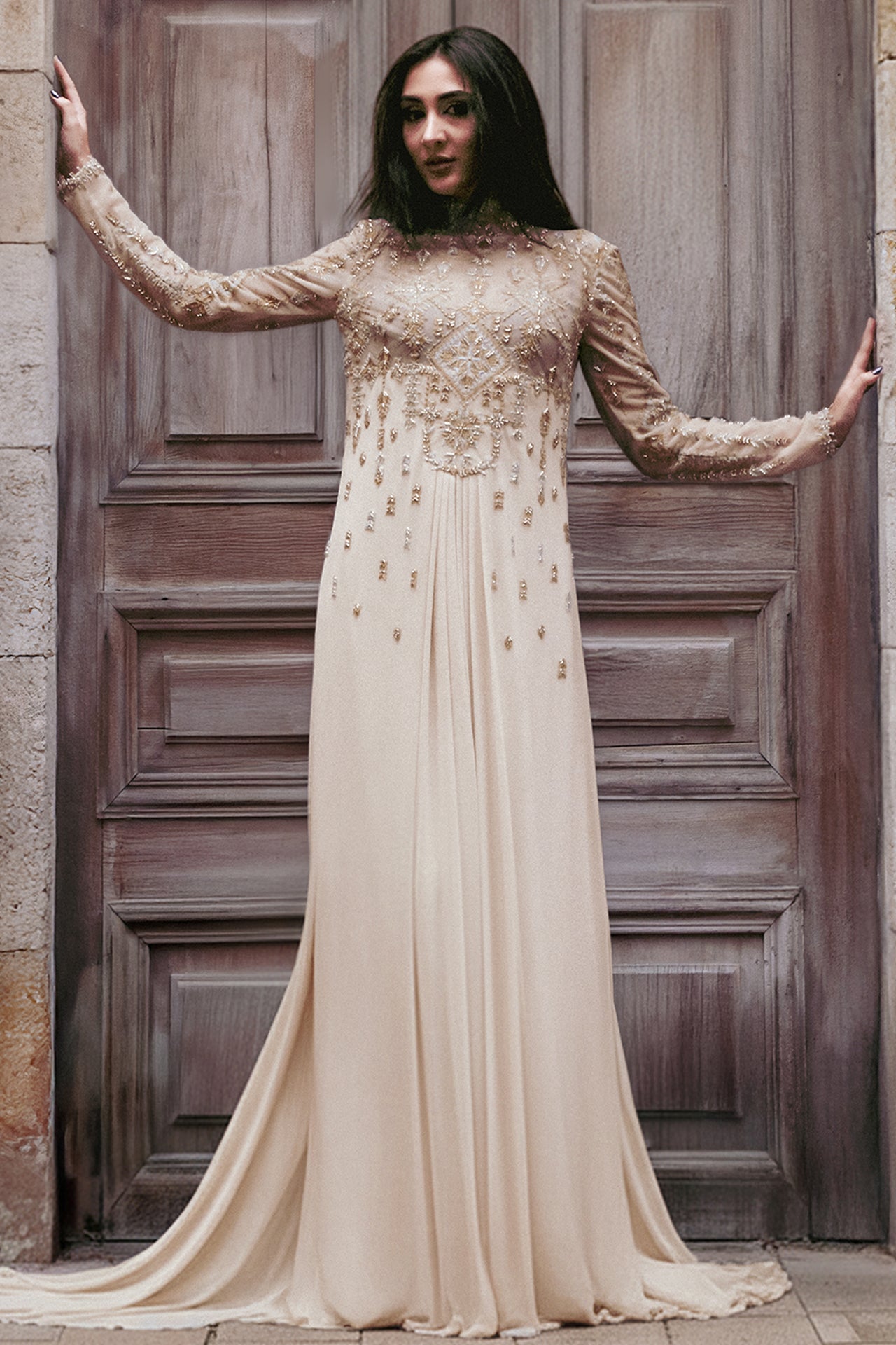 Crepe Georgette Kaftan with Tulle Brodée