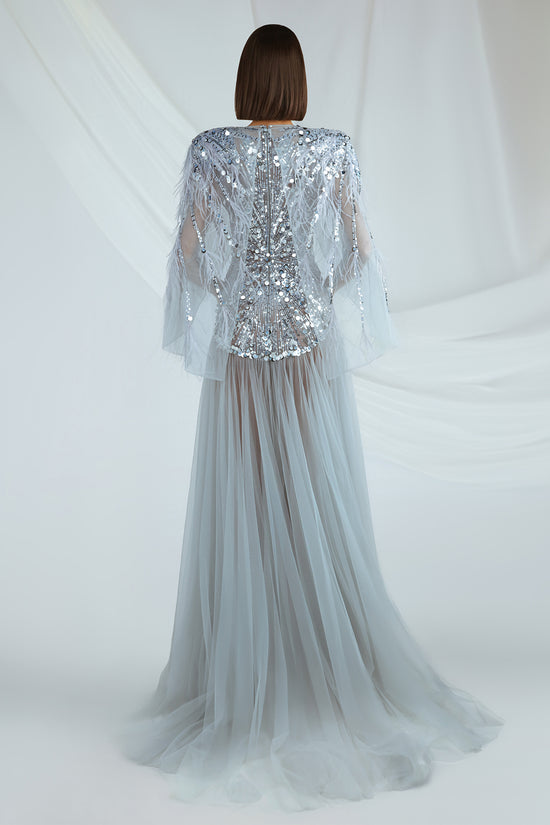 Embellished Cape Dress with Feathers Gattinolli by Marwan Embellished Cape Dress with Feathers Gattinolli by Marwan