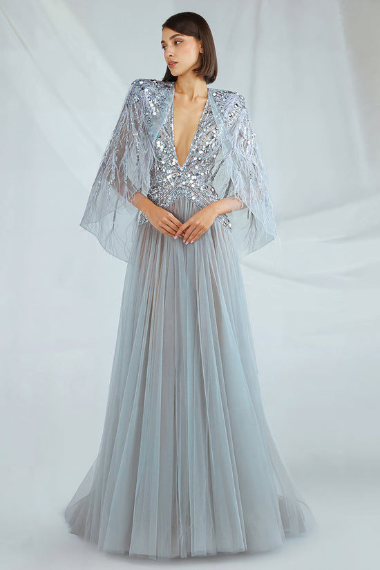 Embellished Cape Dress with Feathers Gattinolli by Marwan Embellished Cape Dress with Feathers Gattinolli by Marwan