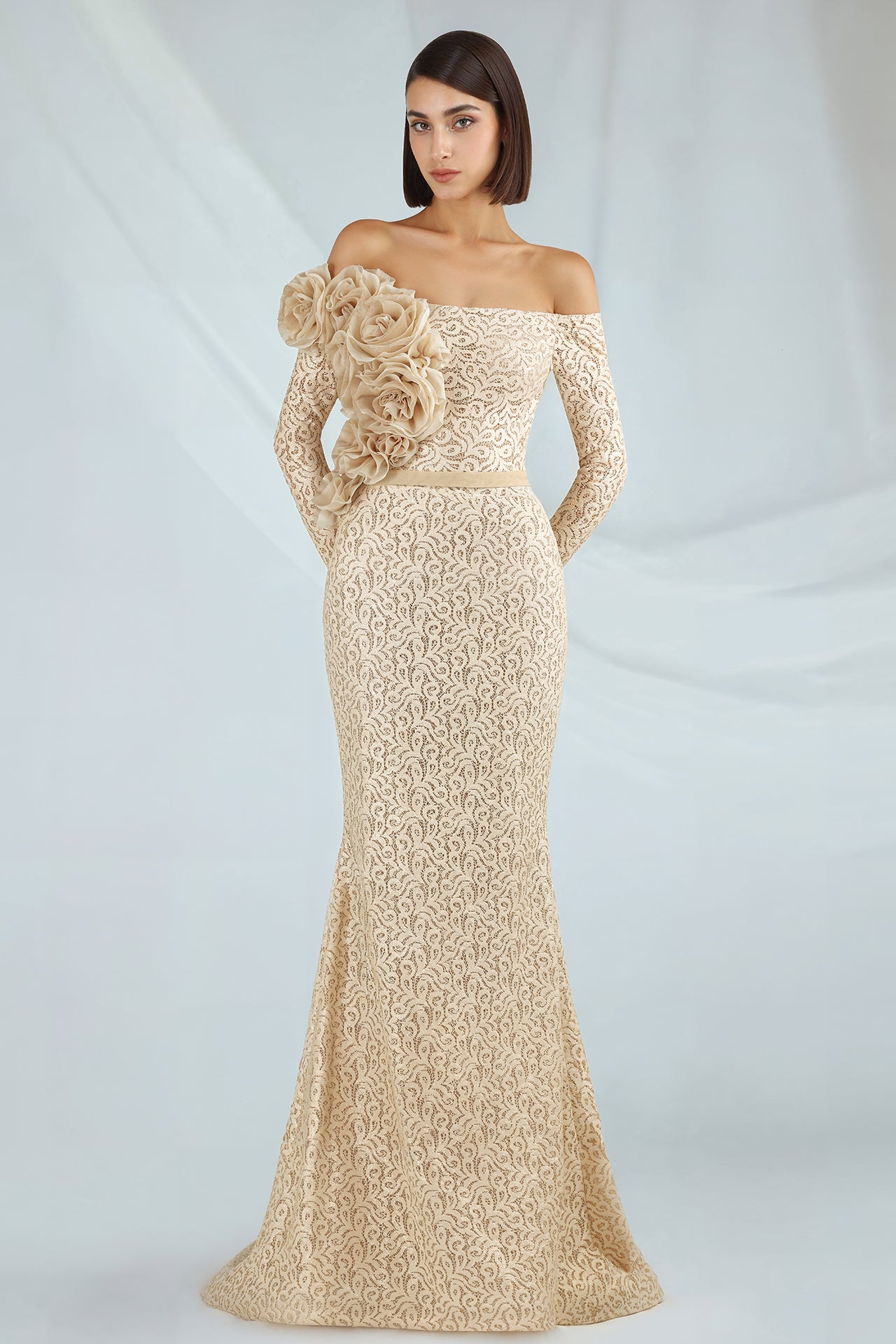 Off-Shoulder  Mermaid Dress with Floral Appliques
