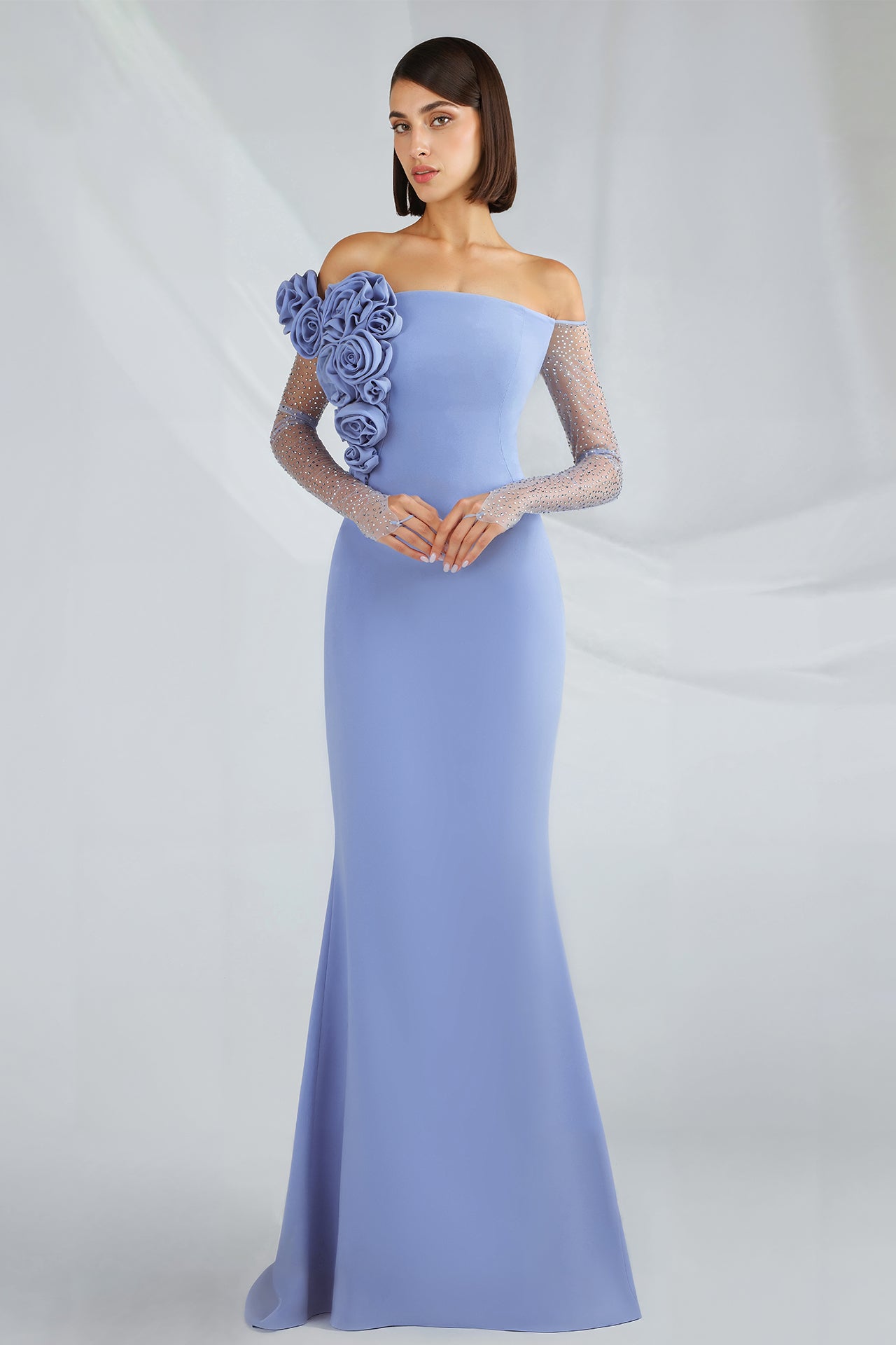 Off-Shoulder Mermaid Dress with Sheer Sleeves – Gattinolli by Marwan Off-Shoulder Mermaid Dress with Sheer Sleeves – Gattinolli by Marwan