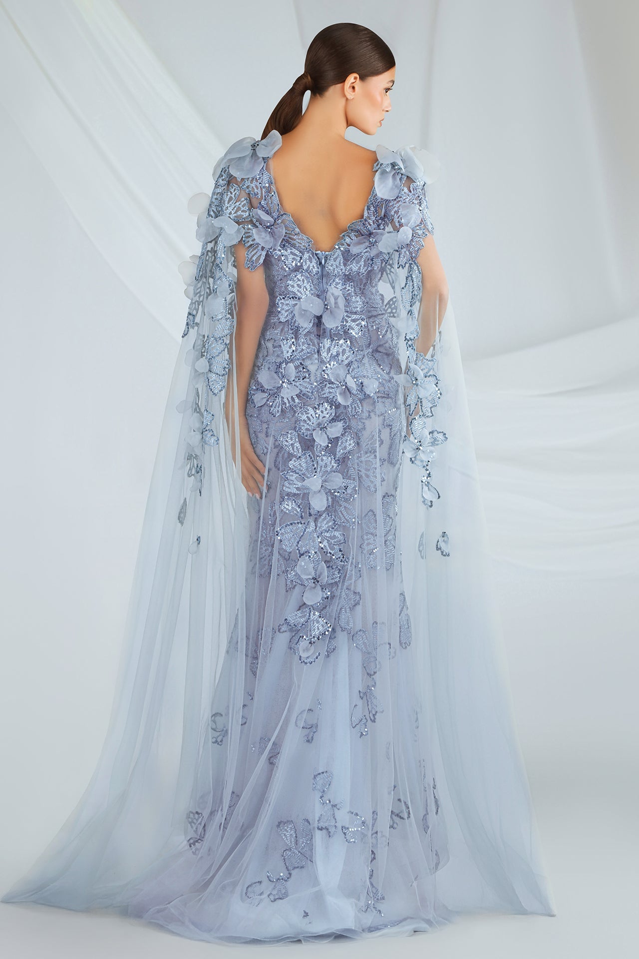 Floral Embroidered Cape Sleeves Dress