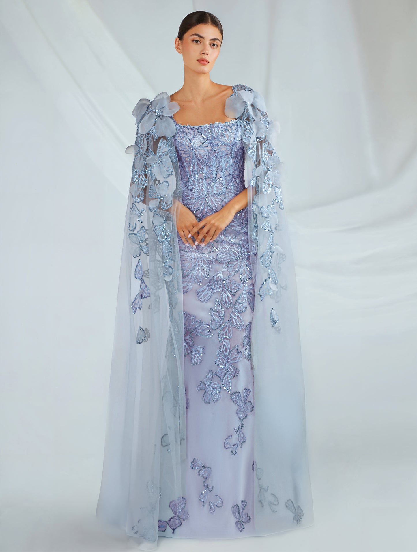 Floral Embroidered Cape Sleeves Dress Gattinolli by Marwan Floral Embroidered Cape Sleeves Dress Gattinolli by Marwan