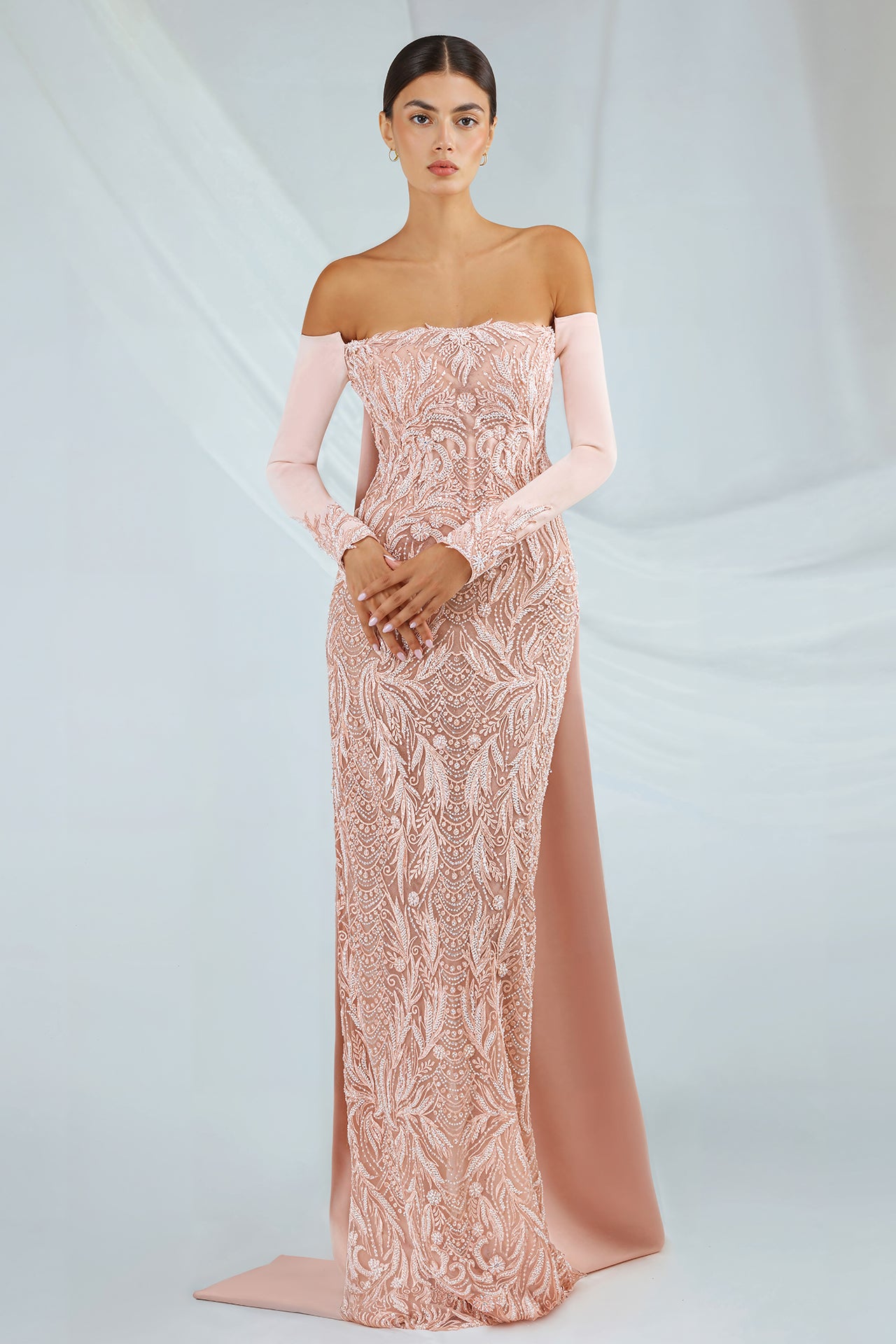 Off-Shoulder Embroidered Dress with Cape Gattinolli by Marwan Off-Shoulder Embroidered Dress with Cape Gattinolli by Marwan