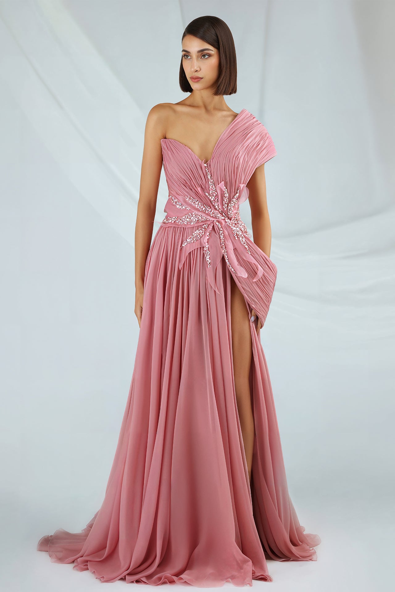 One-shoulder pleated Dress with embroidery – Gattinolli by Marwan