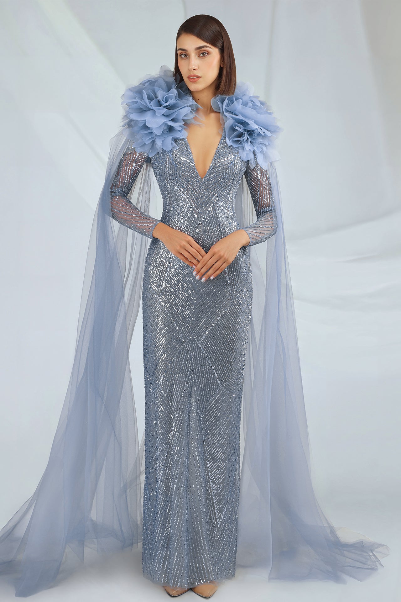 Embroidered Dress with Cape