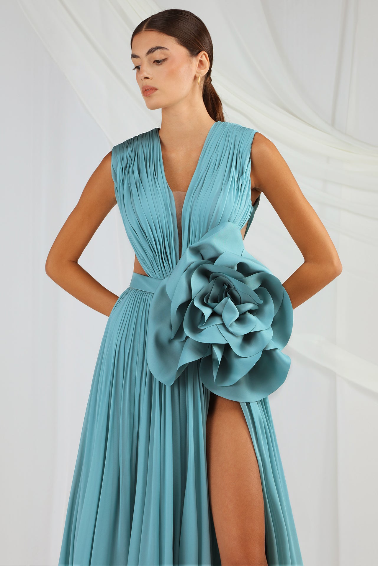 Pleated Dress with Flower
