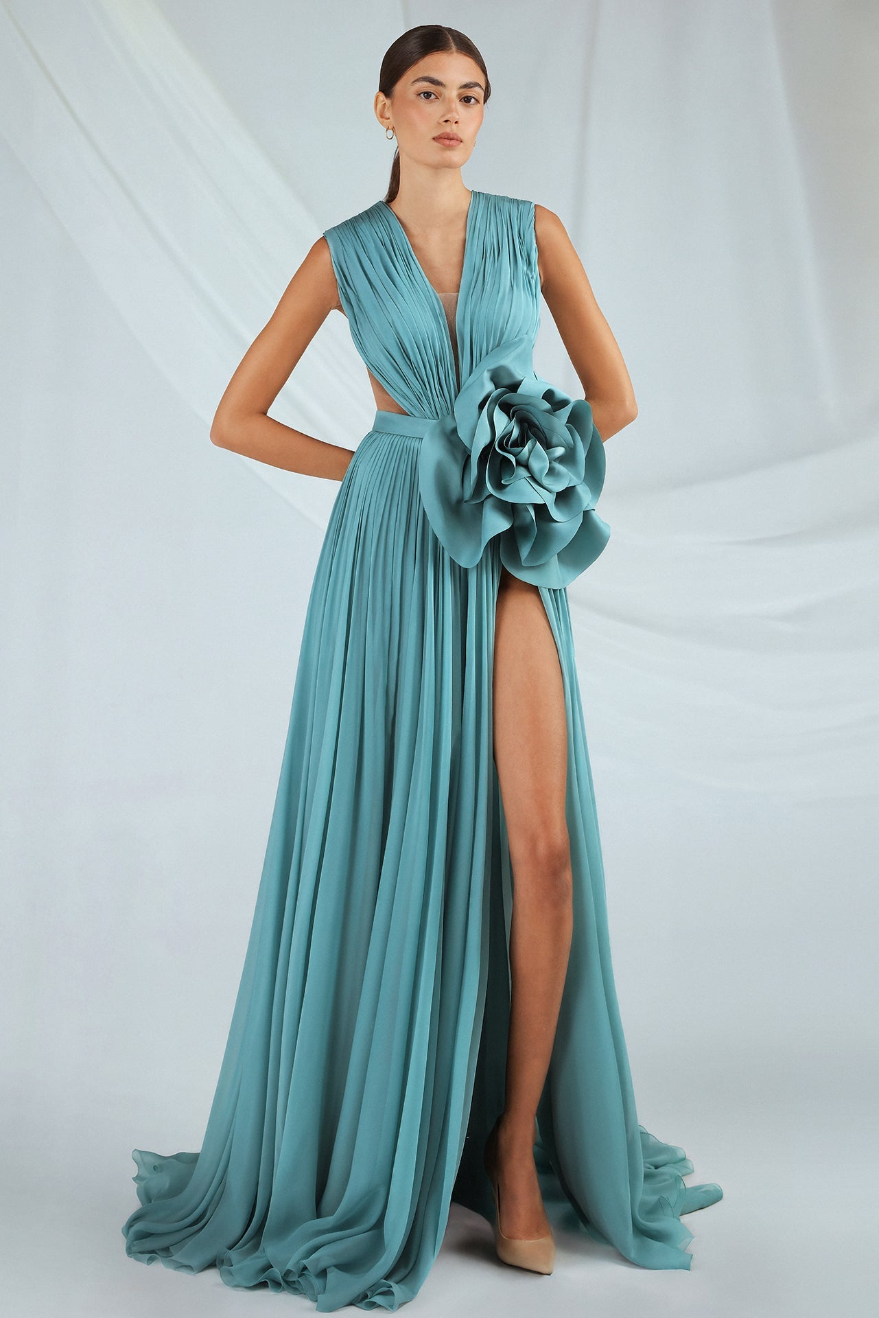 Pleated Dress with Flower