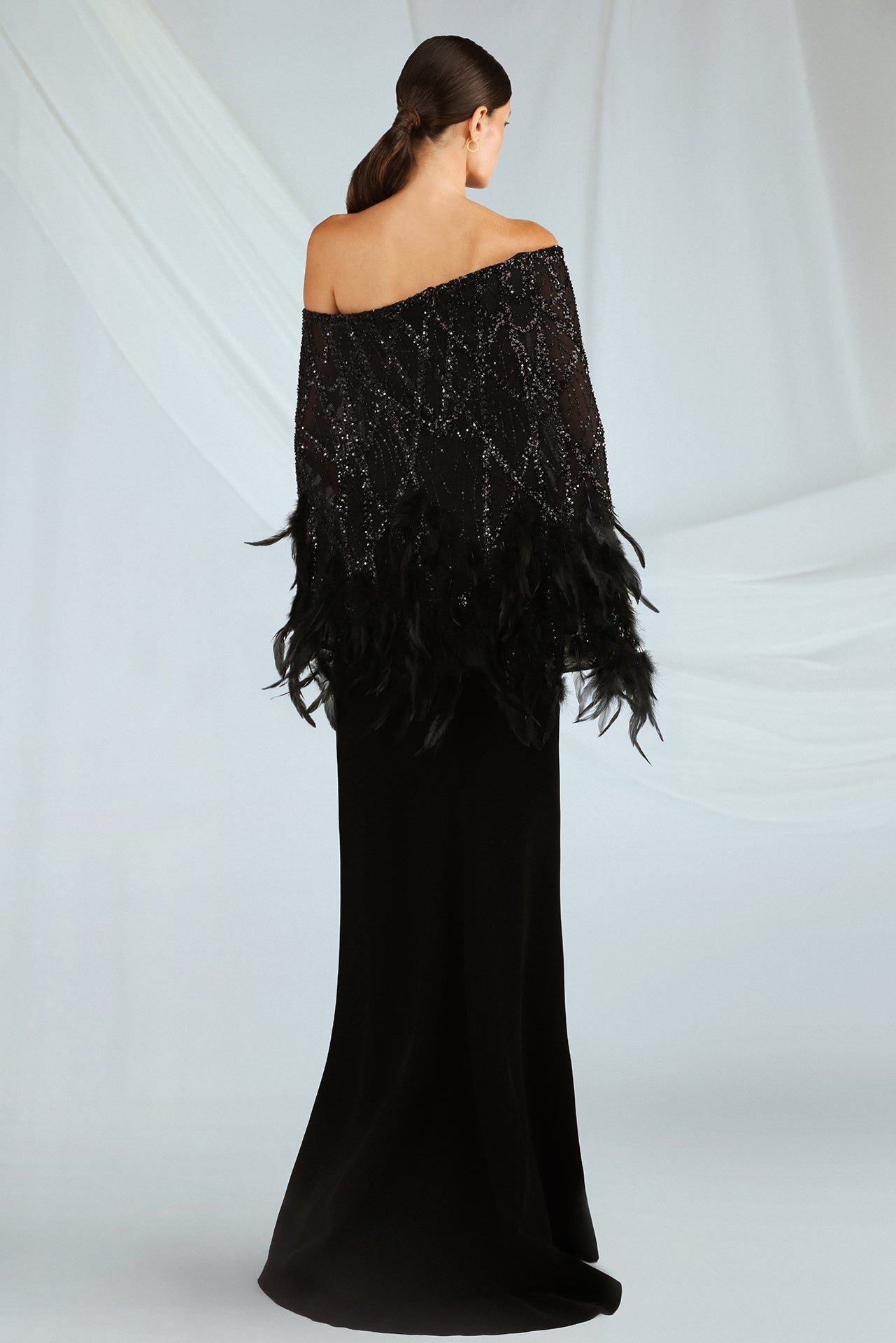 Off-Shoulder Dress with Feathered Cape