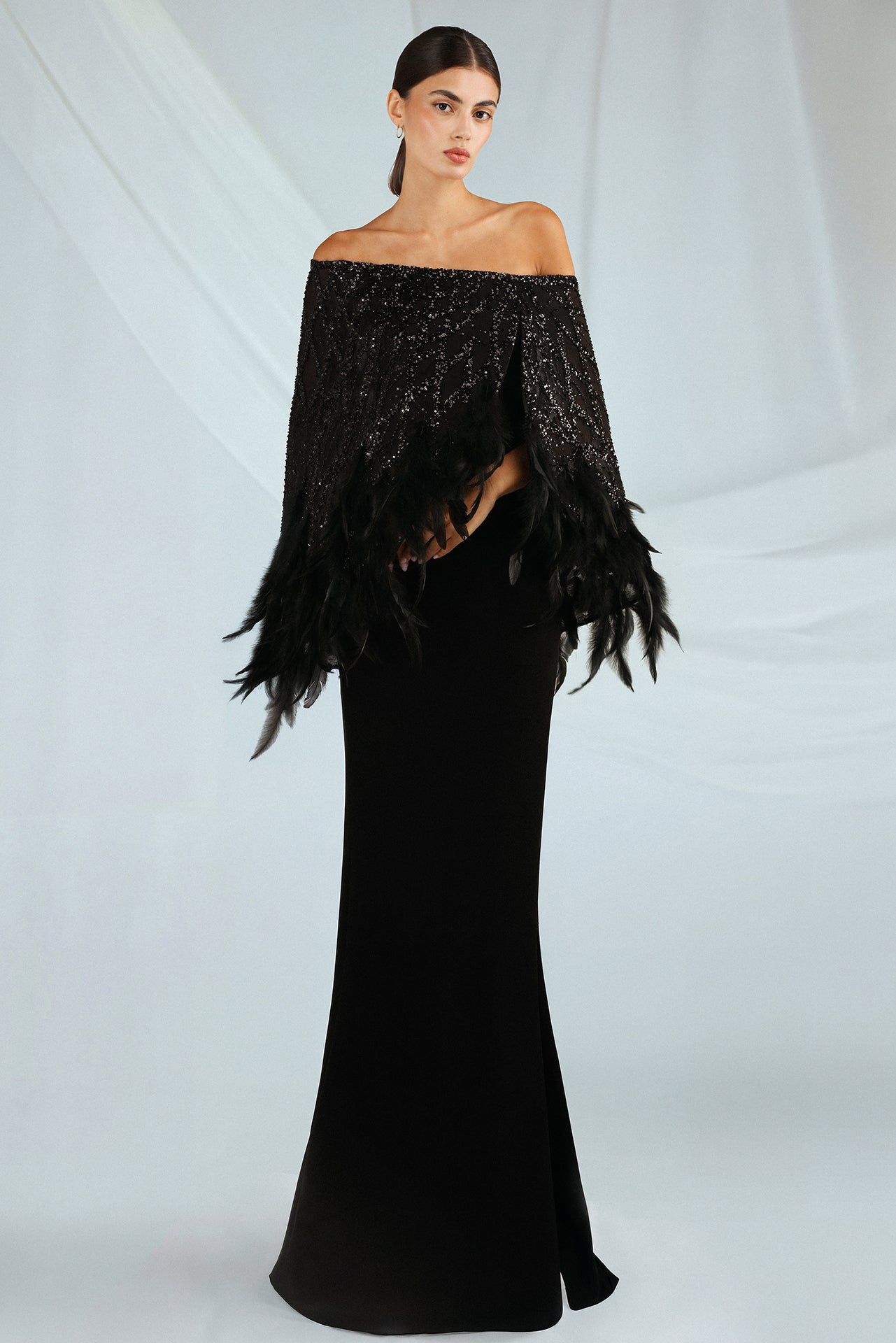Off-Shoulder Dress with Feathered Cape