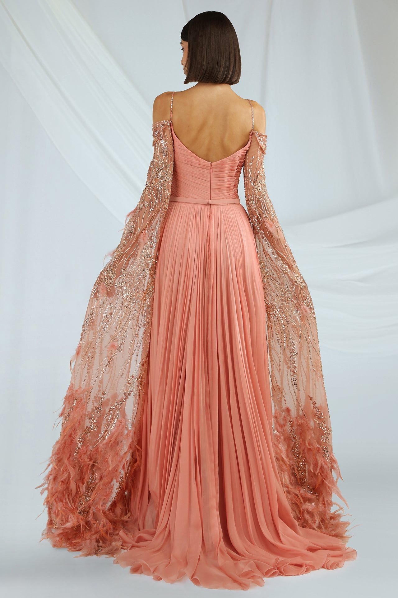 Pleated Tulle Gown with Feathered Cape Sleeves