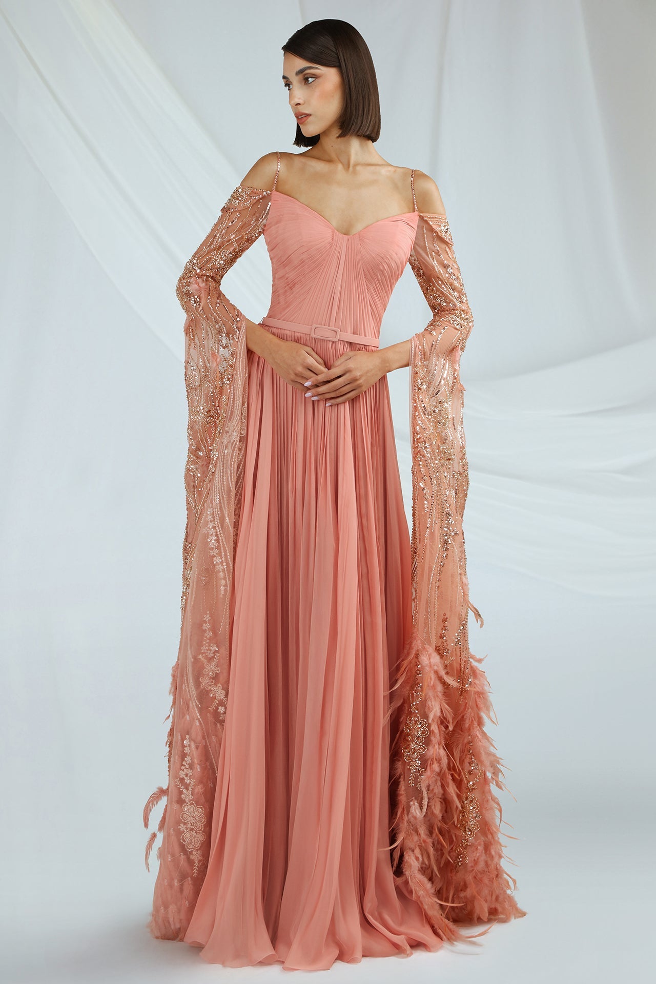Pleated Tulle Gown with Feathered Cape Sleeves