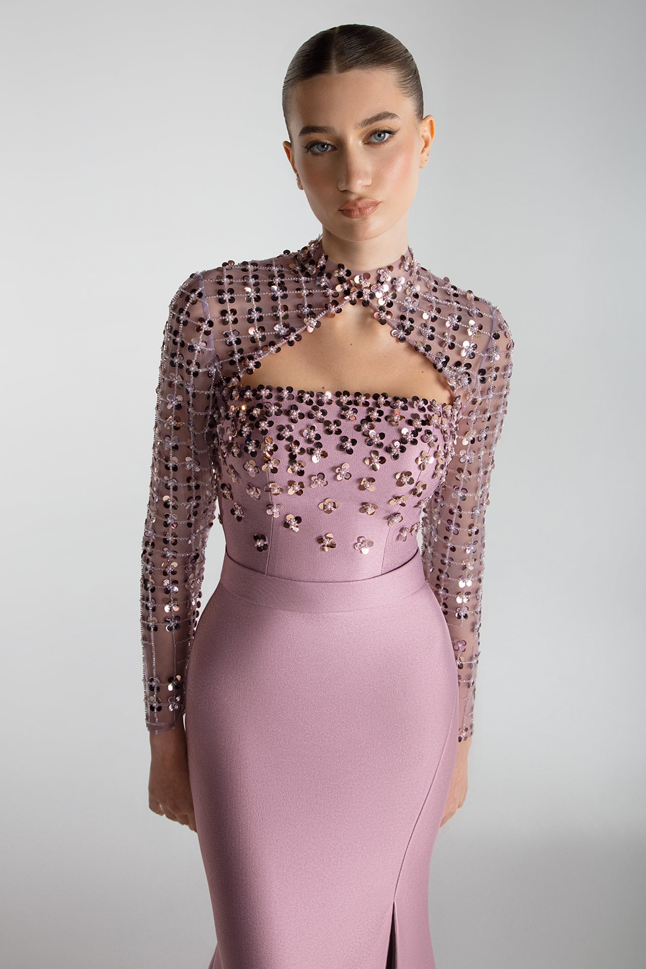 Structured Cape Sleeve Gown With Mirror Embroidery