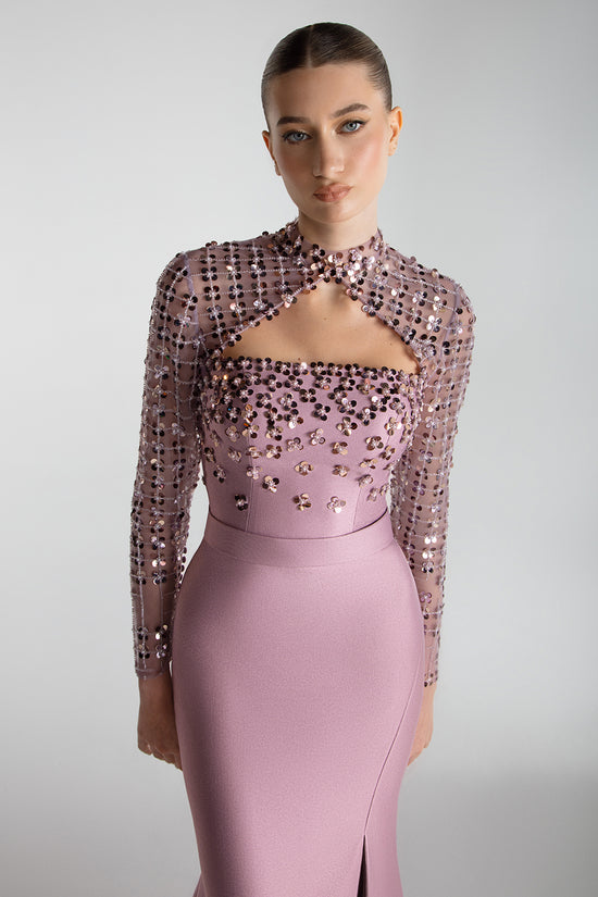 Structured Cape Sleeve Gown With Mirror Embroidery