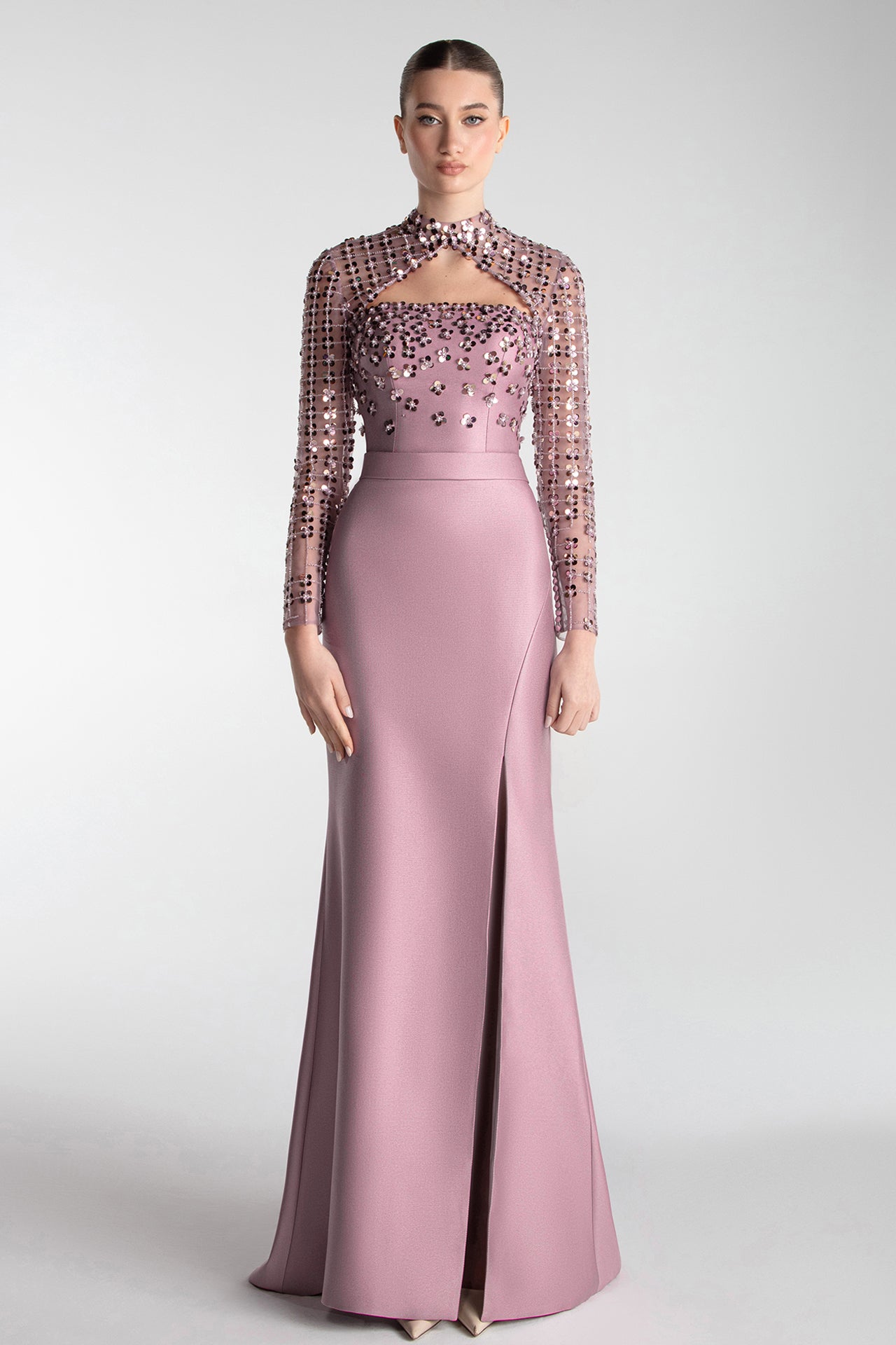 Structured Cape Sleeve Gown With Mirror Embroidery