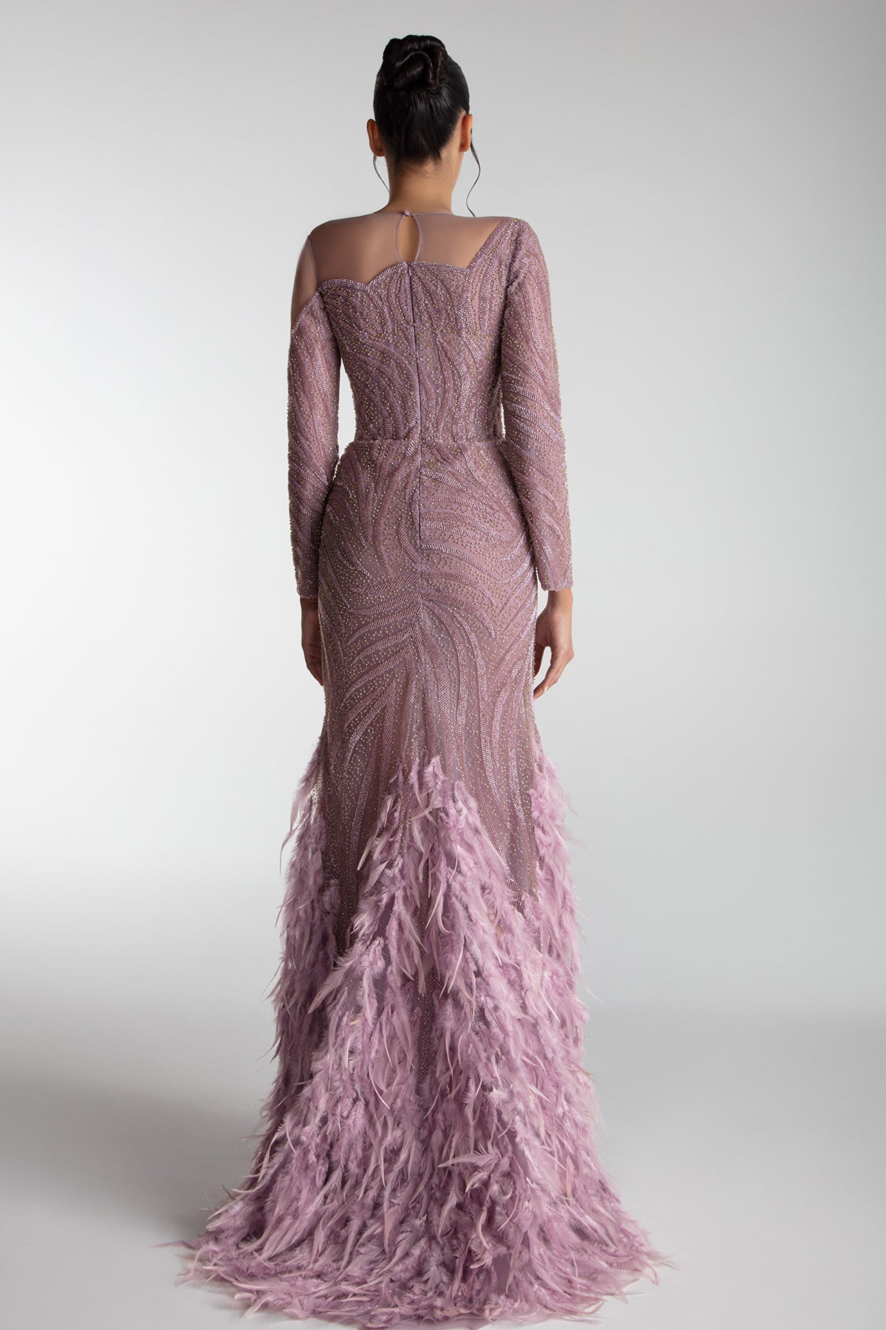 Embroidered Tulle Gown With Feathered Hem